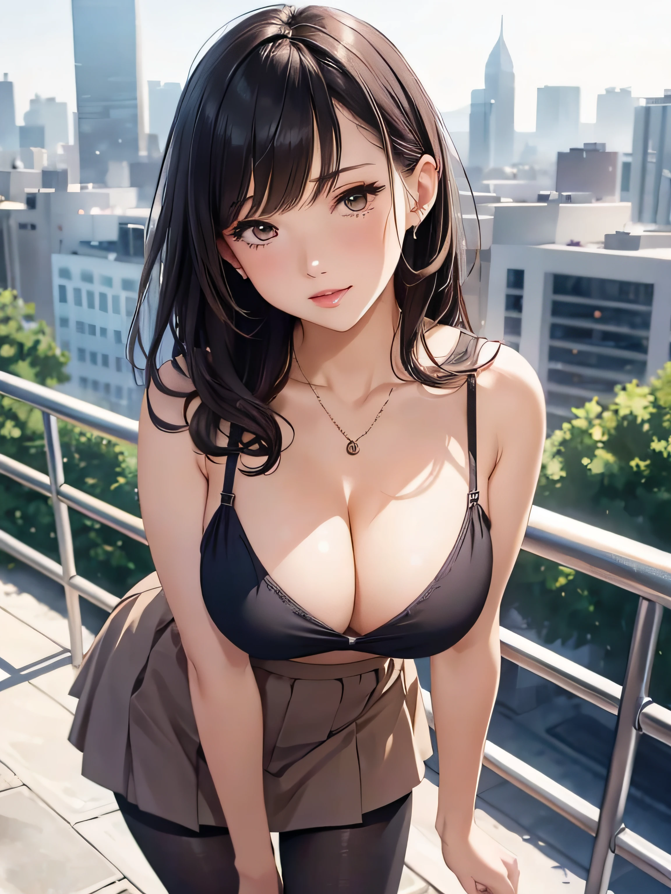 girl in summer clothes, medium flared skirt, pantyhose, making like she wants to kiss you, view from viewer, medium breasts, cleavage, cityscape, flirtatious look, ((very detailed)), (perfectly detailed face), (well detailed hand) photorealistic image.