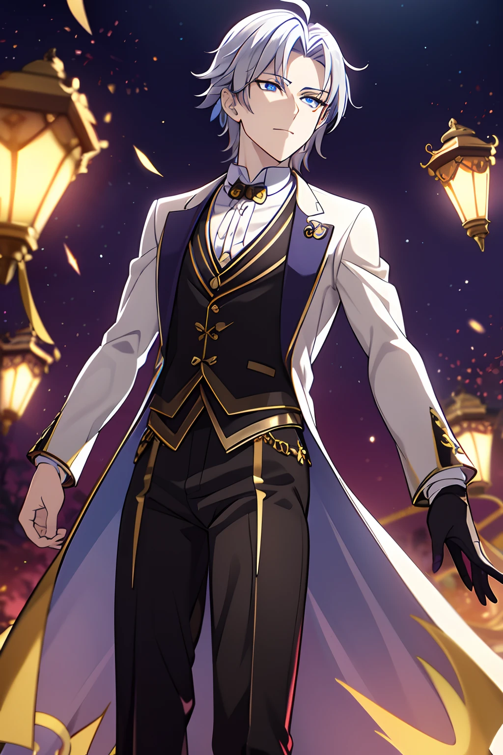 He had light bloonde Messy hair, blue eyes, medium build, wearing Zhongli's attire is elegant and form-fitting, consisting of a beige dress shirt, a brown and amber waistcoat, slim black trousers, black dress boots, and black gloves with twin silver archer rings on the thumbs. His neckpiece is a white tie pinned at the throat by an amber gemstone. His left ear is adorned with a jeweled tassel earring. Over everything, he wears a long dark brown tailcoat with dragon scale patterns, gold and silver accents, golden tassels, and Rex Lapis' diamond symbol on the back. Zhongli's clothes are decorated with diamond symbols found on his sleeves, belt, trousers, waistcoat buttons, and tailcoat buttons. He wears a Geo Vision embedded on the chain at the small of his back.