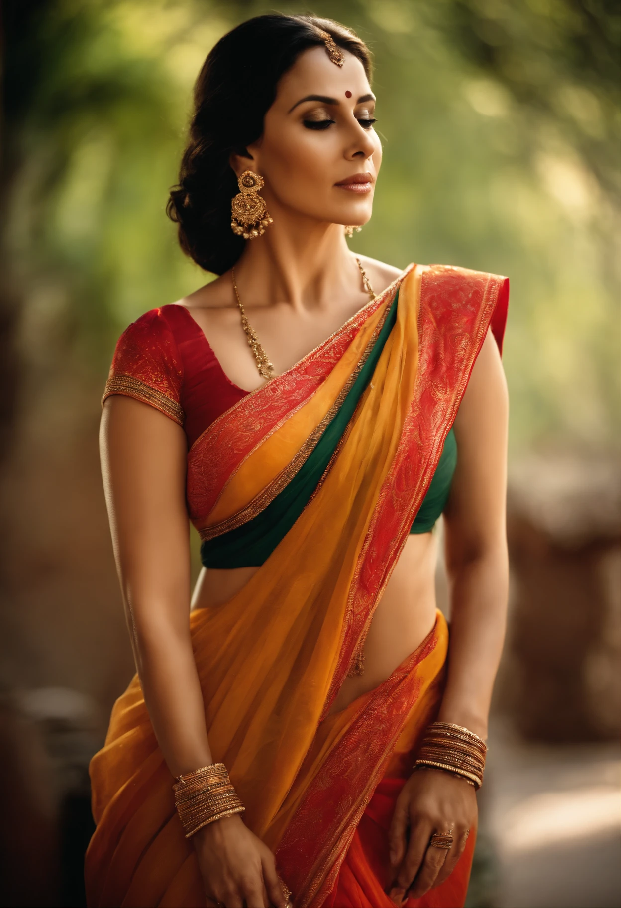 Monica Belluci in Indian saree with joy extra detailed face full body slim figure