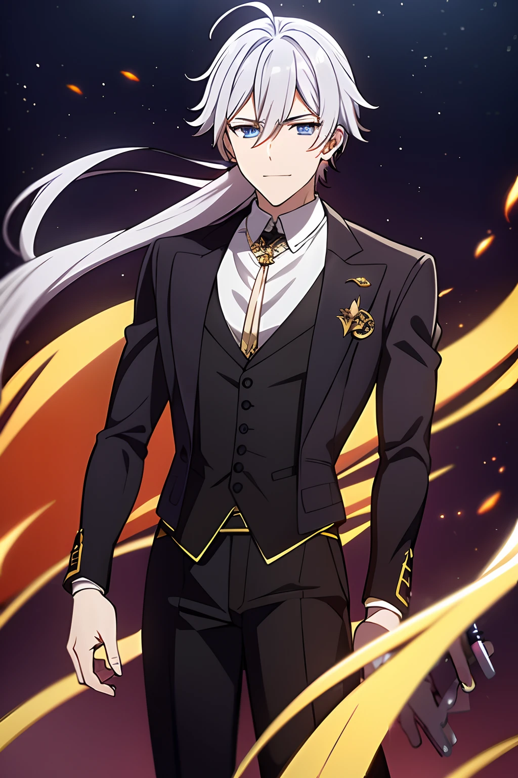 He had light bloonde Messy hair, blue eyes, medium build, wearing Zhongli's attire is elegant and form-fitting, consisting of a beige dress shirt, a brown and amber waistcoat, slim black trousers, black dress boots, and black gloves with twin silver archer rings on the thumbs. His neckpiece is a white tie pinned at the throat by an amber gemstone. His left ear is adorned with a jeweled tassel earring. Over everything, he wears a long dark brown tailcoat with dragon scale patterns, gold and silver accents, golden tassels, and Rex Lapis' diamond symbol on the back. Zhongli's clothes are decorated with diamond symbols found on his sleeves, belt, trousers, waistcoat buttons, and tailcoat buttons. He wears a Geo Vision embedded on the chain at the small of his back.