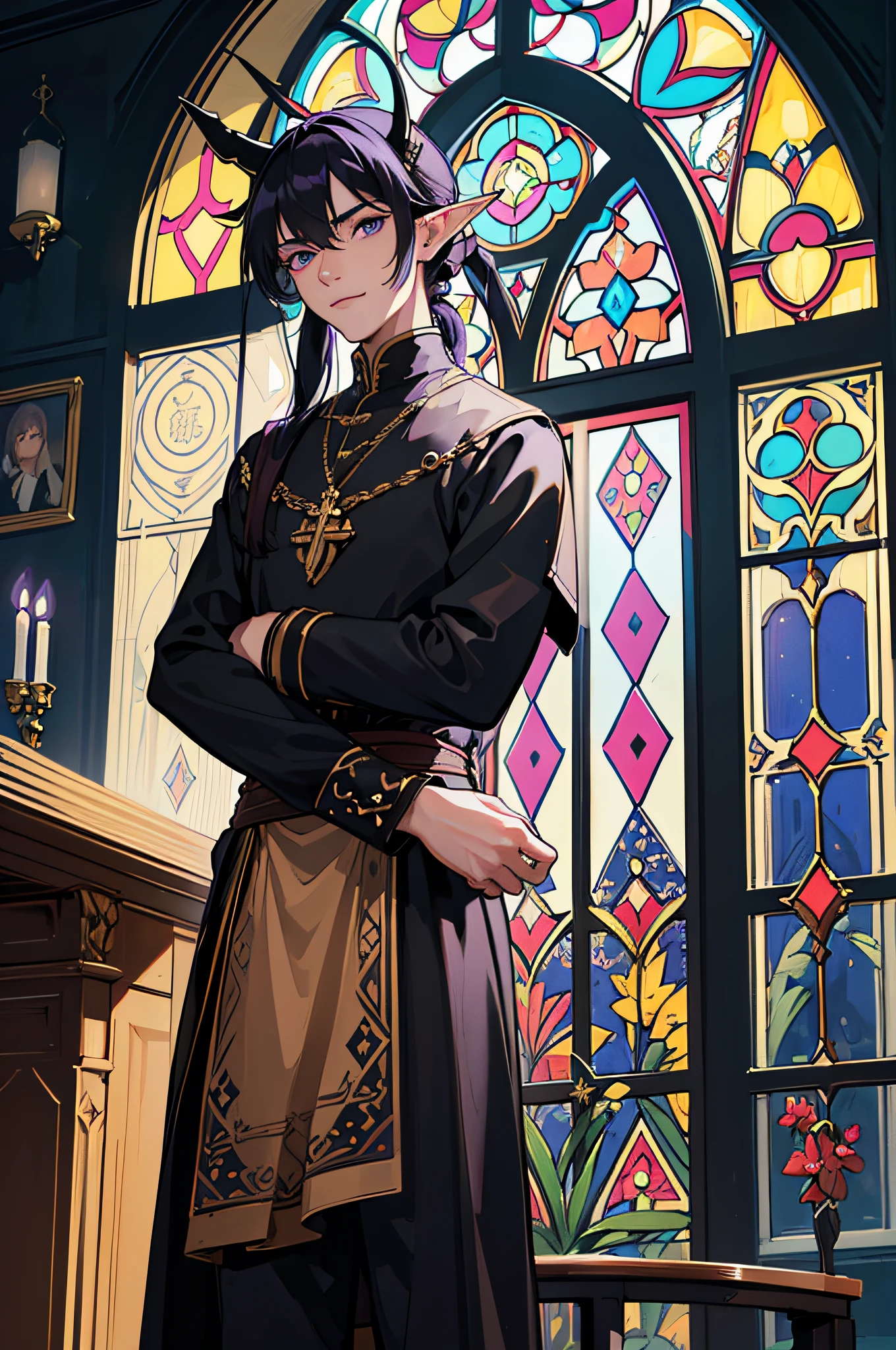 (masterpiece), best quality, ultra-high resolution, ((one man)), boy, male, elegant, expresive eyes, perfect face, half body, looking at viewer, dutch angle, cowboy shot, (long black hair), ponytail, (purple eye color), long elf like ears, two long demon horns on the head, leather armor, Clothing for the Middle Ages, assasin, dagger, light smile, detailed background, church mosaics window, Extreme Detailgenauigkeit, 4K