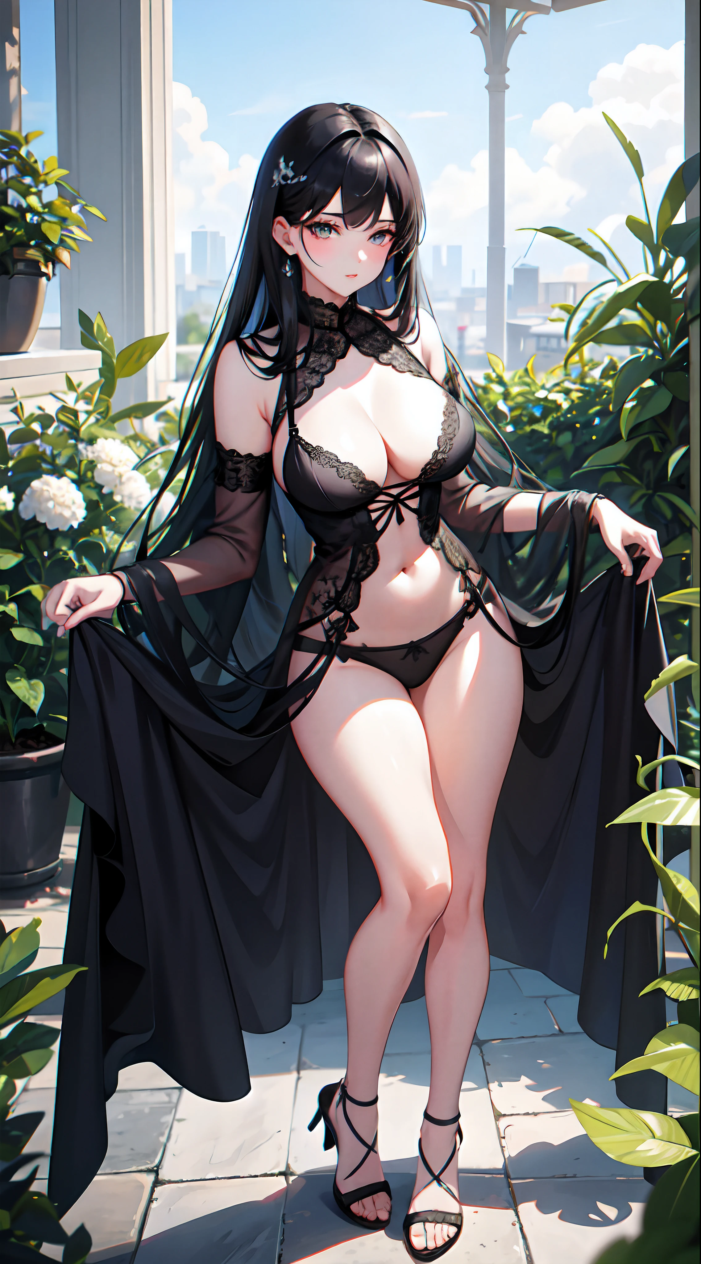 a beauti，clean black hair，Wear no-hanging blue lace lingerie，Big chest，Exposing thighs，Perfect hands，is shy，seductiv