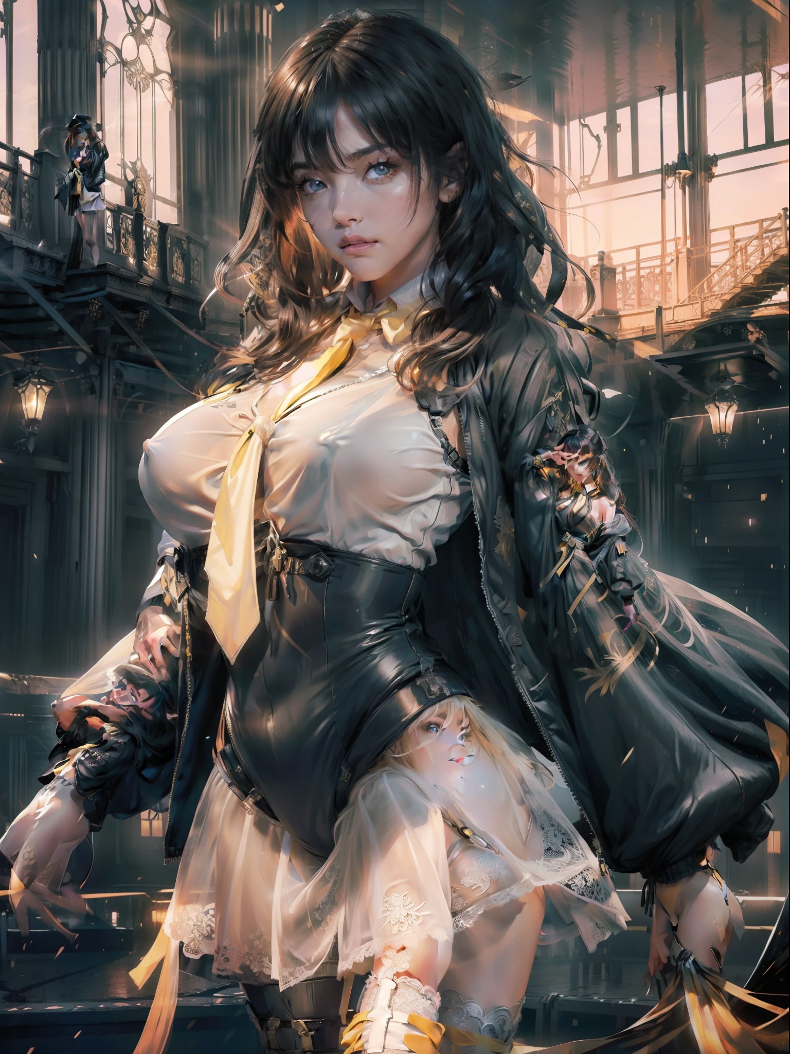 ((nsfw)),((gigantic breasts:1),1girl, intricate detail, masterpiece, best quality, extremly detailed,cinematic lighting, beautiful detailed glow, finely detailed beautiful face and eyes, 8k, dark intense shadows, yellow eyes, medium hair, black hair, bangs, floating hair, black jacket, open jacket, white shirt, expressionless, yellow necktie, black skirt, spotlight, sunshine, sunrise, gradient sky, city, lens flare, cowboy shot, [[curvy]], [mature female]
