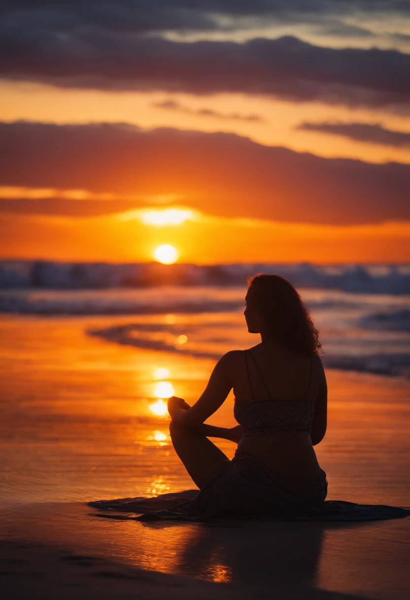 mulher meditando na praia vendo o por do sol