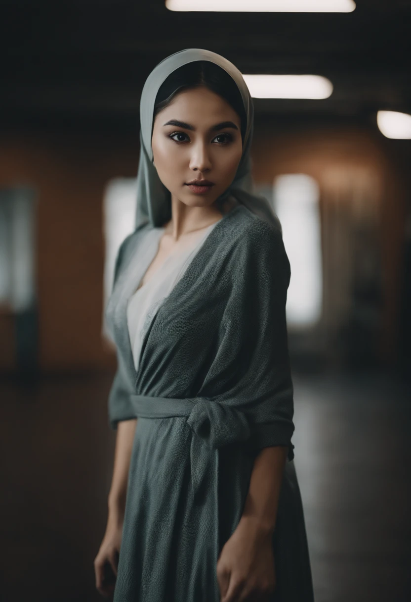 Asian girl, Extremely beautiful face，Elaborate Eyes，Fold your hands on your knees，low head，sadness，Dance studio，the rule of thirds, Tonal color scheme, hijab, naked