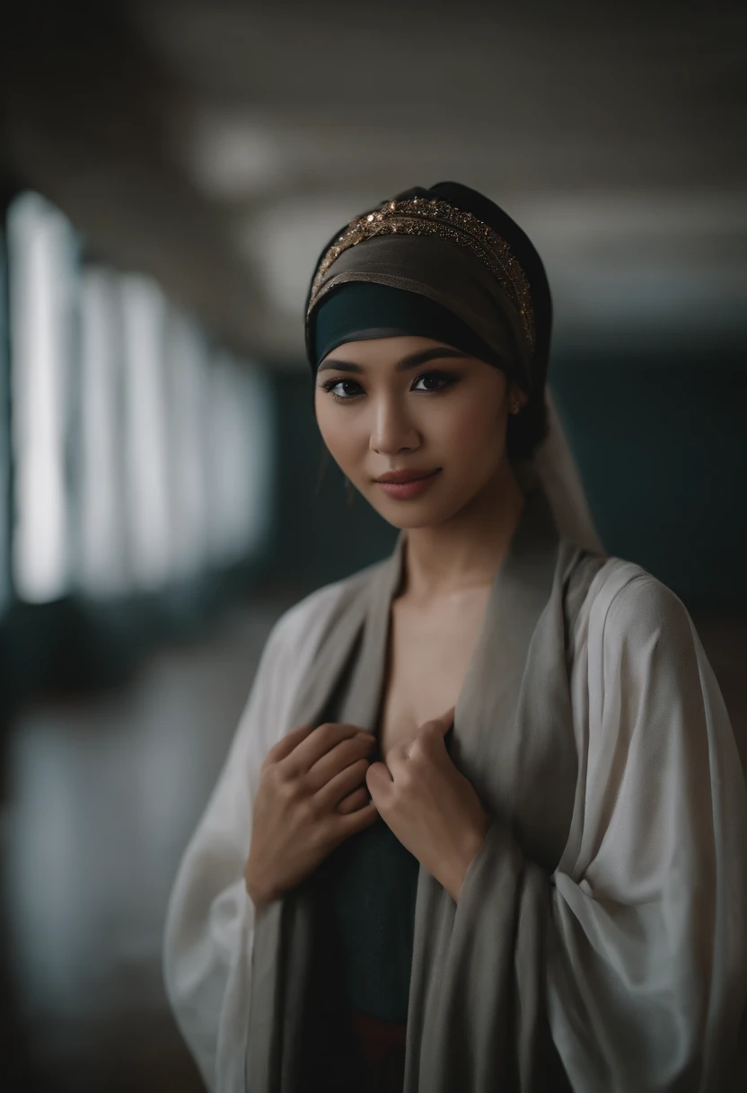 Asian girl, Extremely beautiful face，Elaborate Eyes，Fold your hands on your knees，low head，sadness，Dance studio，the rule of thirds, Tonal color scheme, hijab, naked