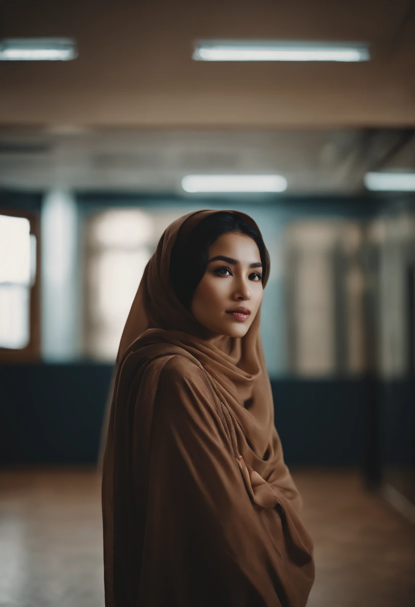 Asian girl, Extremely beautiful face,Elaborate Eyes,Fold your hands on your knees,low head,sadness,Dance studio,the rule of thirds, Tonal color scheme, hijab, naked