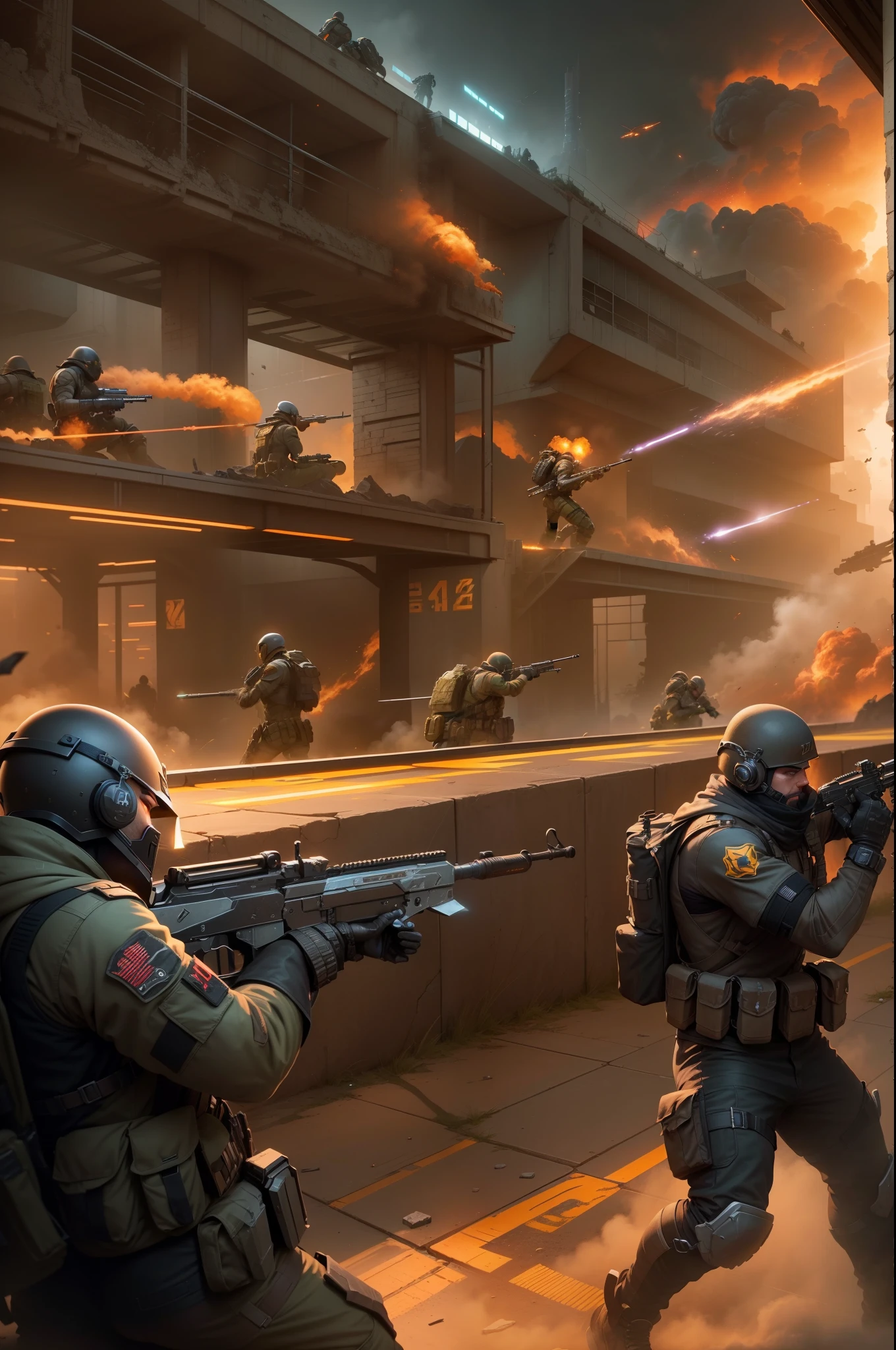 "Uncanny counter strike. Create a stunning artwork with top-notch quality, showcasing a futuristic battlefield. Focus on futuristic weapons, advanced technology, intense action, and heroic characters. Include striking visual effects, dynamic lighting, and vibrant colors to enhance the sci-fi atmosphere. Emphasize precision and strategy in the composition, capturing the intensity and adrenaline of the battle.