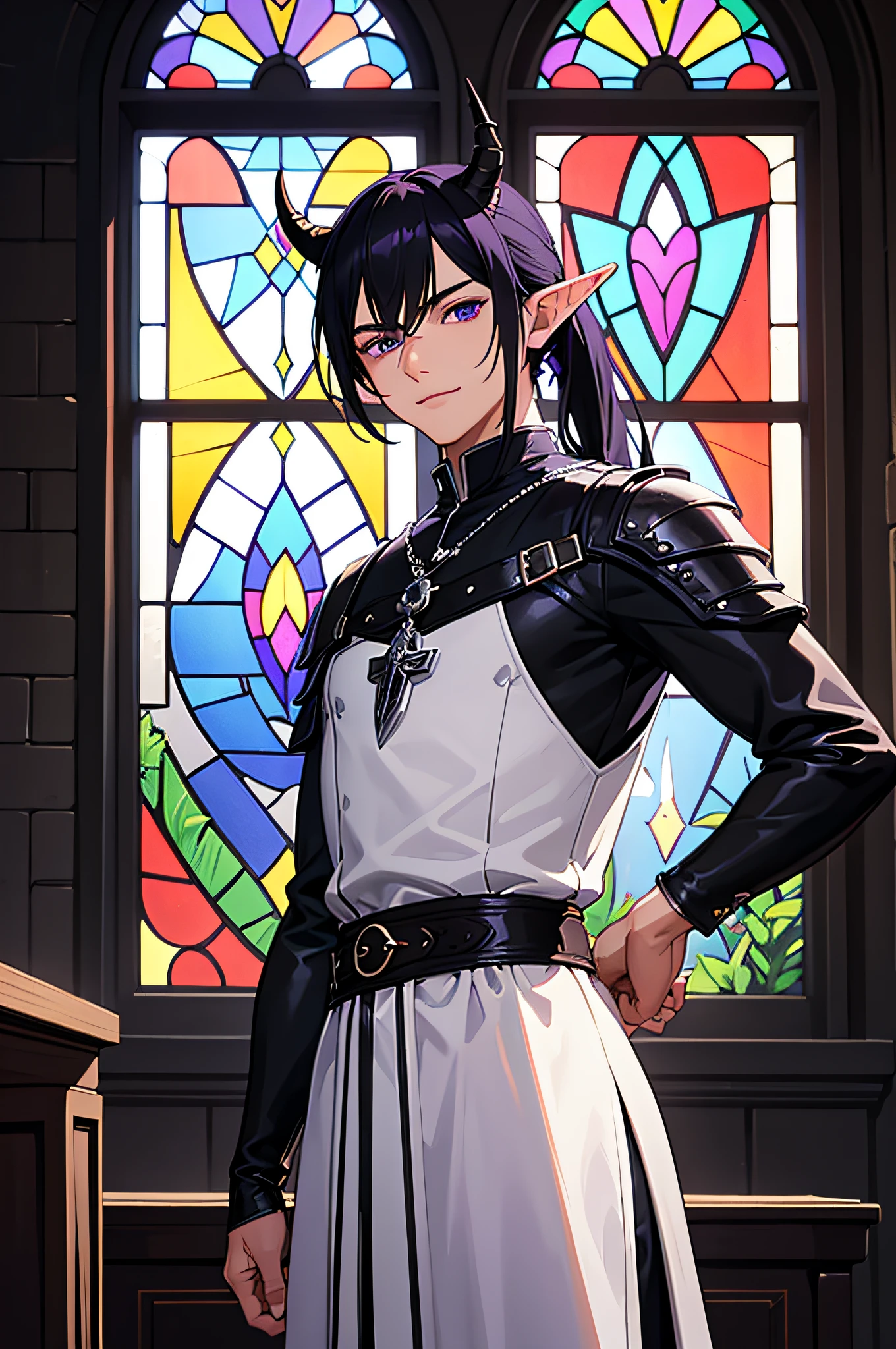 (masterpiece), best quality, ultra-high resolution, ((one man)), boy, male, elegant, expresive eyes, perfect face, half body, looking at viewer, dutch angle, cowboy shot, (long black hair), ponytail, (purple eye color), long elf like ears, two long demon horns on the head, leather armor, Clothing for the Middle Ages, assasin, dagger, light smile, detailed background, church mosaics window, Extreme Detailgenauigkeit, 4K