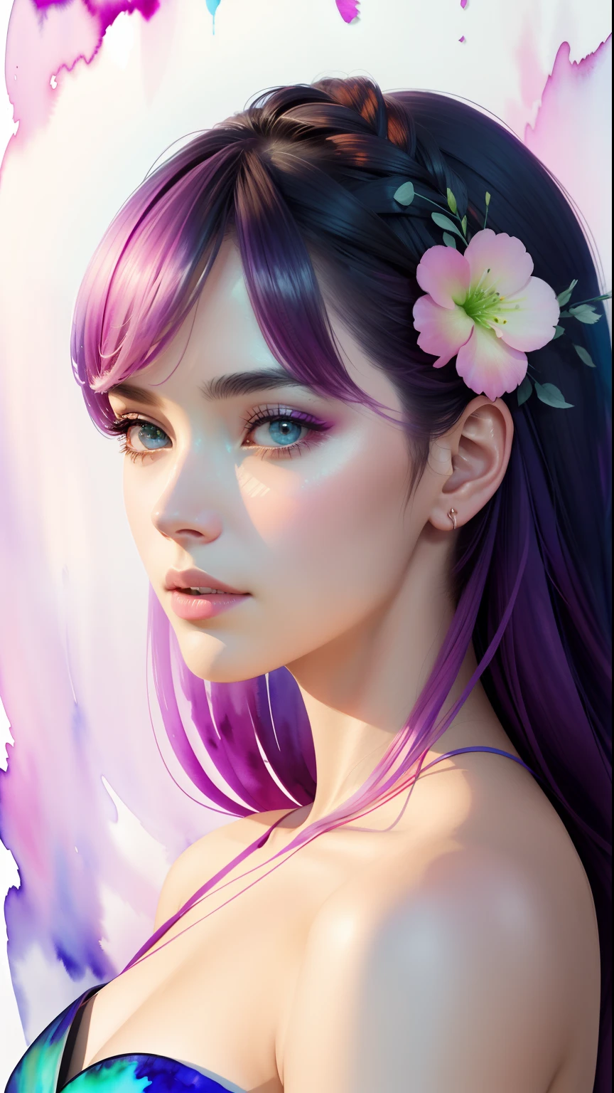 1girl,flower, Lisianthus ,In the style of light pink and light azure, Dreamy and romantic compositions, pale pink, Ethereal foliage, Playful arrangements,Fantasy, High contrast, ink strokes, explosions, over exposure, purple and red tone impression , abstract, ((watercolor painting by John Berkey and Jeremy Mann )) brush strokes, negative space, Makeup artists do makeup for celebrities，(Masterpiece:1.2), Best Quality, Masterpiece, hight resolution, Original, extremely detailed wallpaper, perfect  lighting,(extremely detailed CGI:1.2),