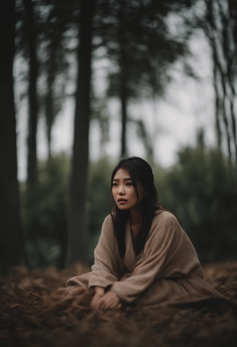 Asian girl, Extremely beautiful face,Elaborate Eyes,Fold your hands on your knees,low head,weeping,sadness,bonfires,the rule of thirds, Tonal color scheme