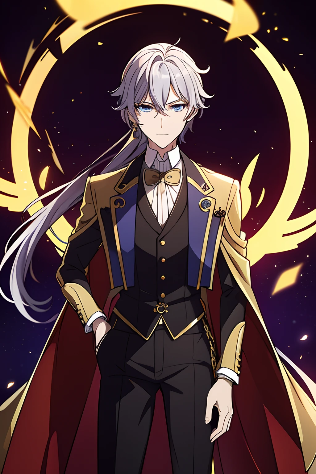 He had light bloonde Messy hair, blue eyes, medium build, wearing Zhongli's attire is elegant and form-fitting, consisting of a beige dress shirt, a brown and amber waistcoat, slim black trousers, black dress boots, and black gloves with twin silver archer rings on the thumbs. His neckpiece is a white tie pinned at the throat by an amber gemstone. His left ear is adorned with a jeweled tassel earring. Over everything, he wears a long dark brown tailcoat with dragon scale patterns, gold and silver accents, golden tassels, and Rex Lapis' diamond symbol on the back. Zhongli's clothes are decorated with diamond symbols found on his sleeves, belt, trousers, waistcoat buttons, and tailcoat buttons. He wears a Geo Vision embedded on the chain at the small of his back.