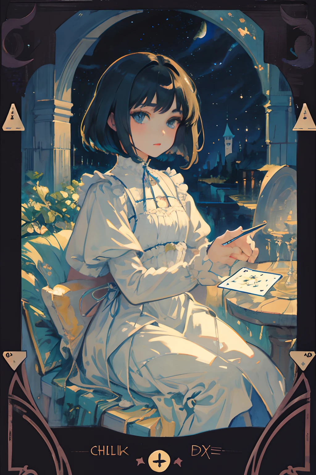 child，（​masterpiece，Highest Quality），Blue-green Gothic Lolita，A dark-haired，Medium bob，Aurora，starrysky，dark clouds, Night, (Impressionism:1.4), (tarot:1.3), Alphonse Mucha