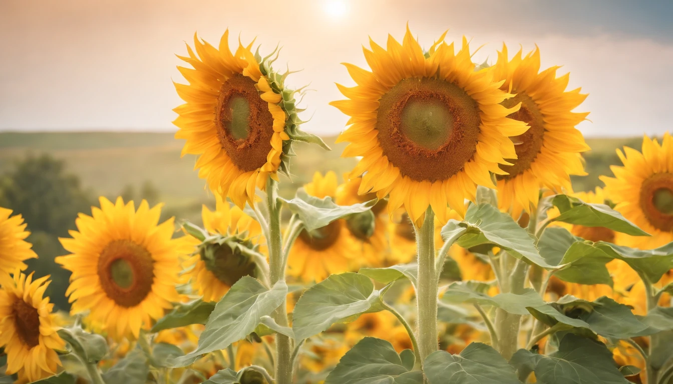 Sunflowers in full bloom,Blooming all over the place,Dazzling sun,Summer winds