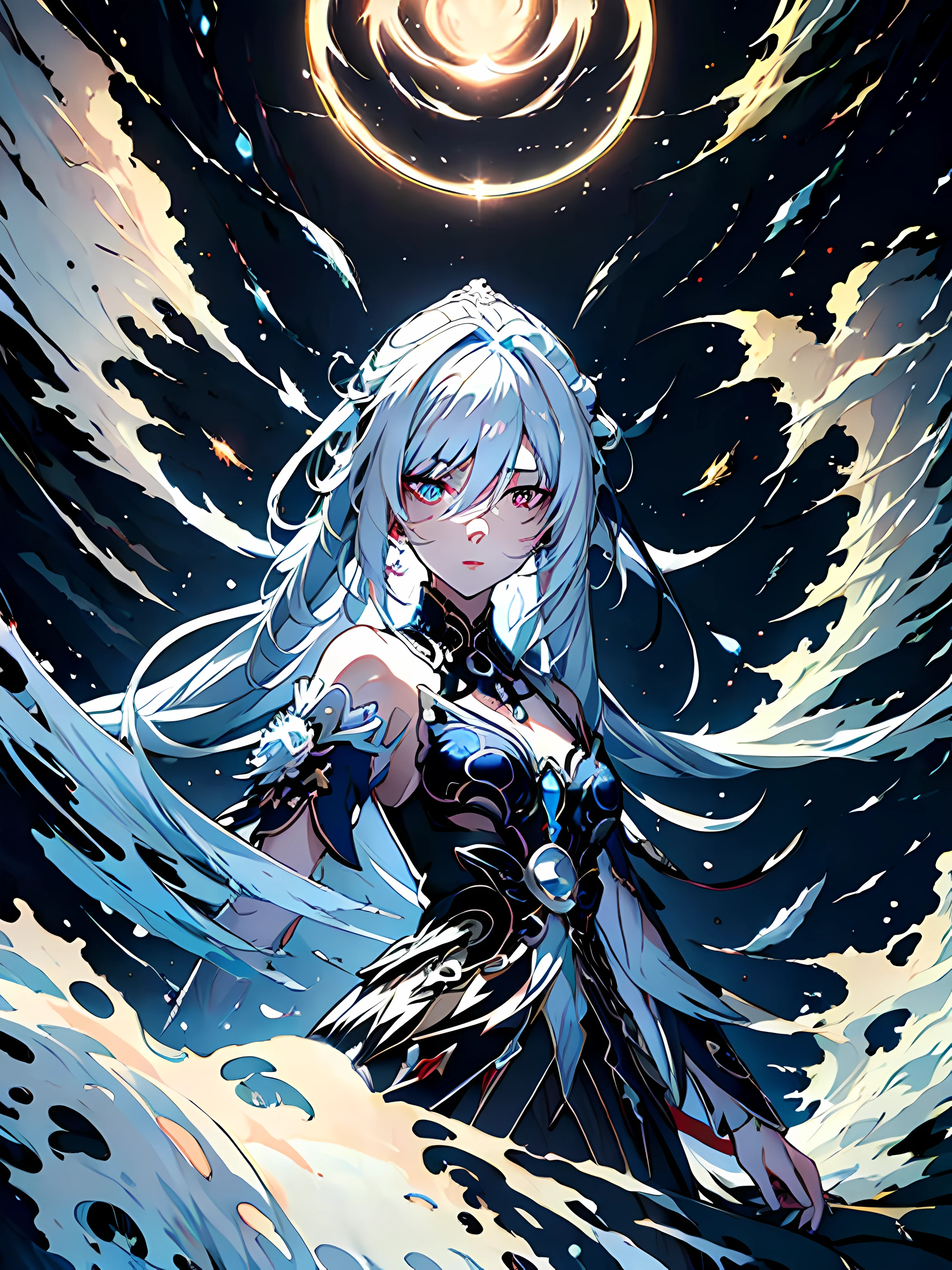 anime girl with white hair and blue eyes in a black outfit,white haired deity, Jingliu Honkai Star Rail, detailed art,portrait, anime goddess, high detailed official artwork, Honkai Star Rail, masterpiece, high res, high quality, 4K