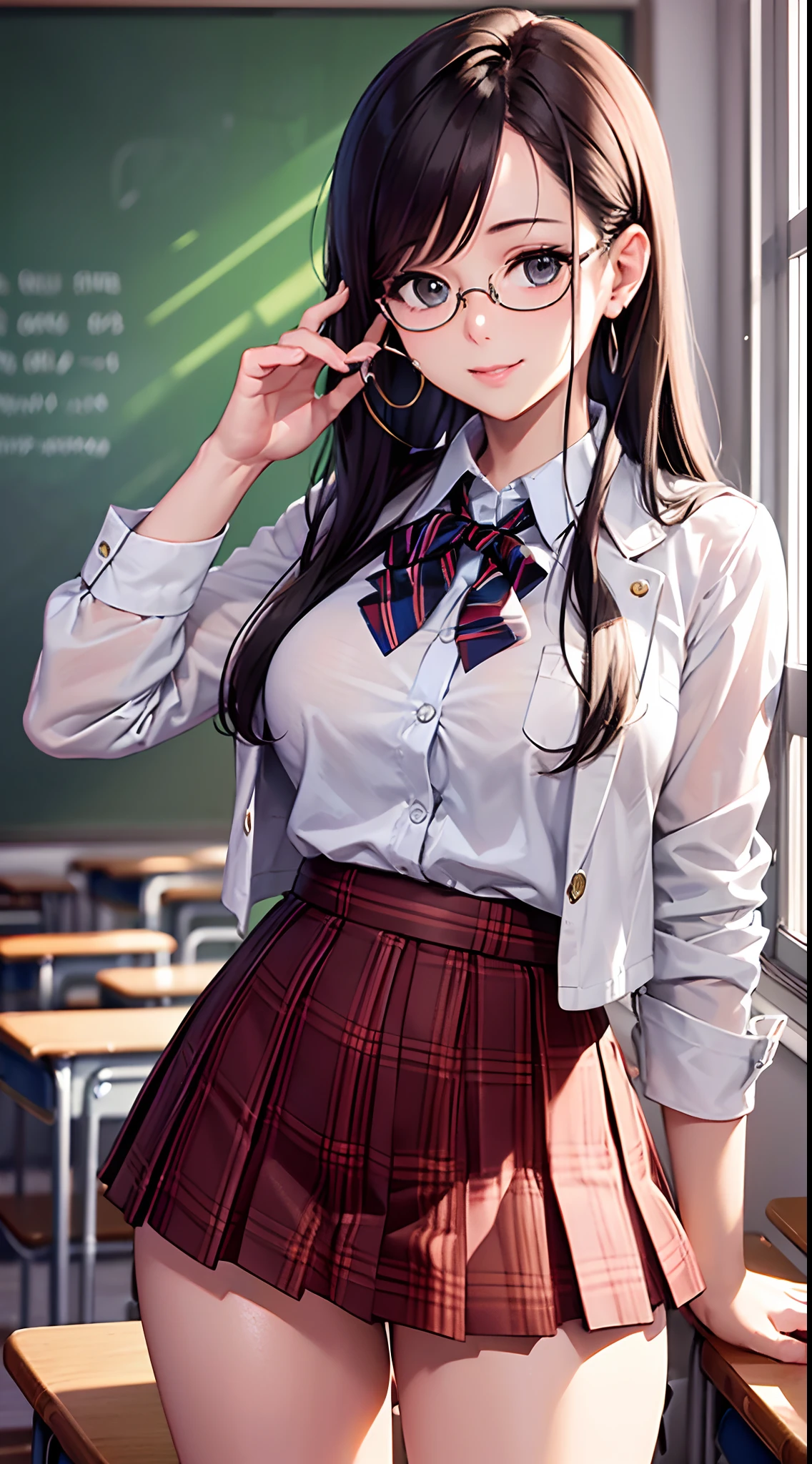 very cute and beautiful girl,(Very detailed美しい顔),White blouse,ribbon,(Pleated check mini skirt),
View your viewers,Black Hair,Wooden classroom,
(Highest quality,masterpiece:1.0),Absurd,High resolution,Very detailed,Very detailed,32K,8k resolution,
Intricate details,Movie Scenes,Detailed Background,alone,Dynamic Angle,Long Hair、(((Glasses)))、(((smile)))