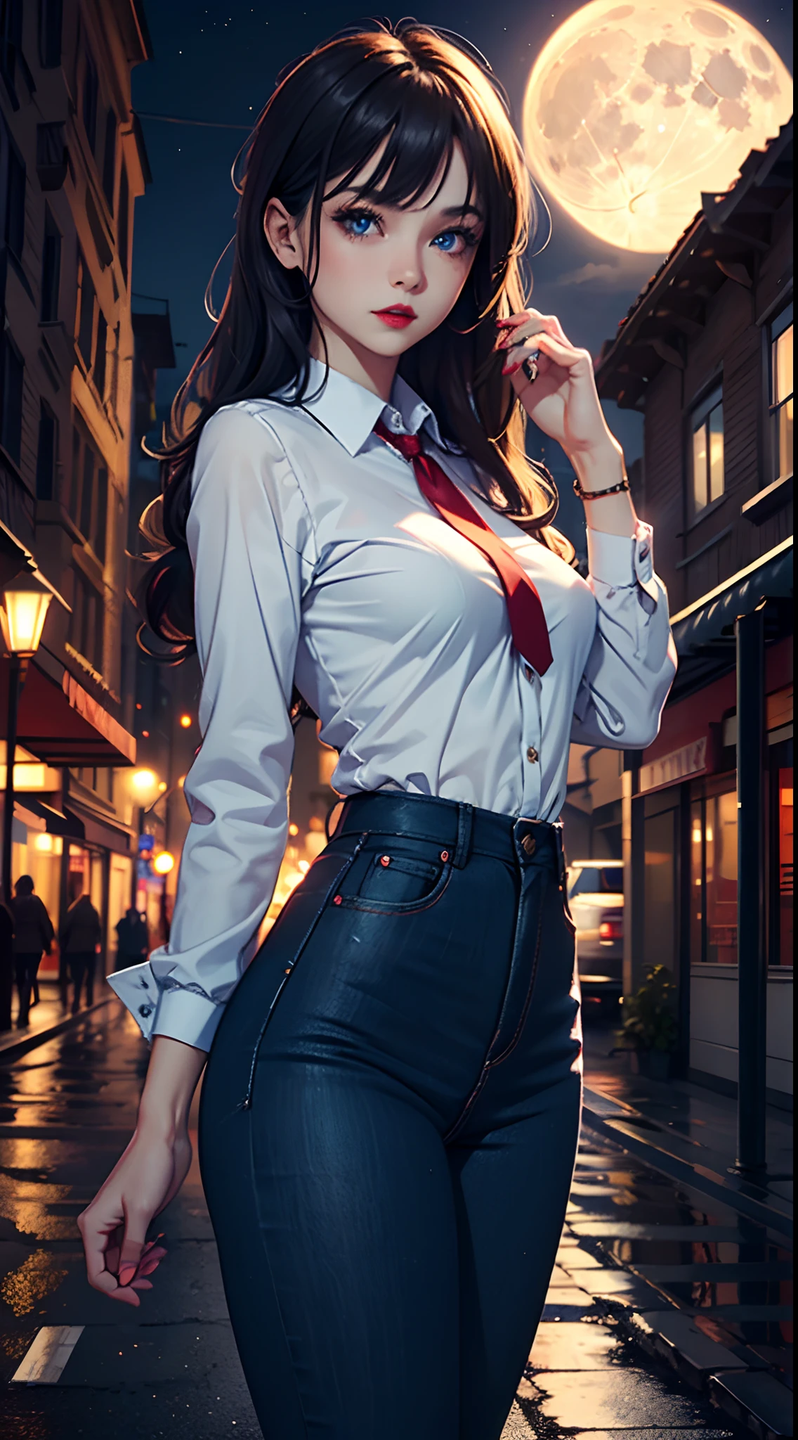 1girl, Corporate attire, slim, small breast, red lips, long hair with highlights, soft smile, blue eyes, seductive look, rim lighting, ray tracing, streets background at night, full moon
