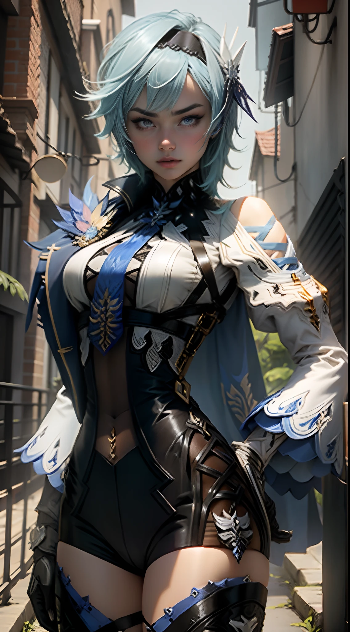Illustration, UHD, retina, masterpiece, accurate, anatomically correct, super detail, high details, high quality, award winning, best quality, highres, good anatomy, 1080P, HD, 4K, 8k, 16k, 1girl, dynamic pose, androgynous, portrait, eula, genshin impact, looking at viewer, lighting, shading, rendering, big chest, detailed hair, detailed clothes, detailed eyes