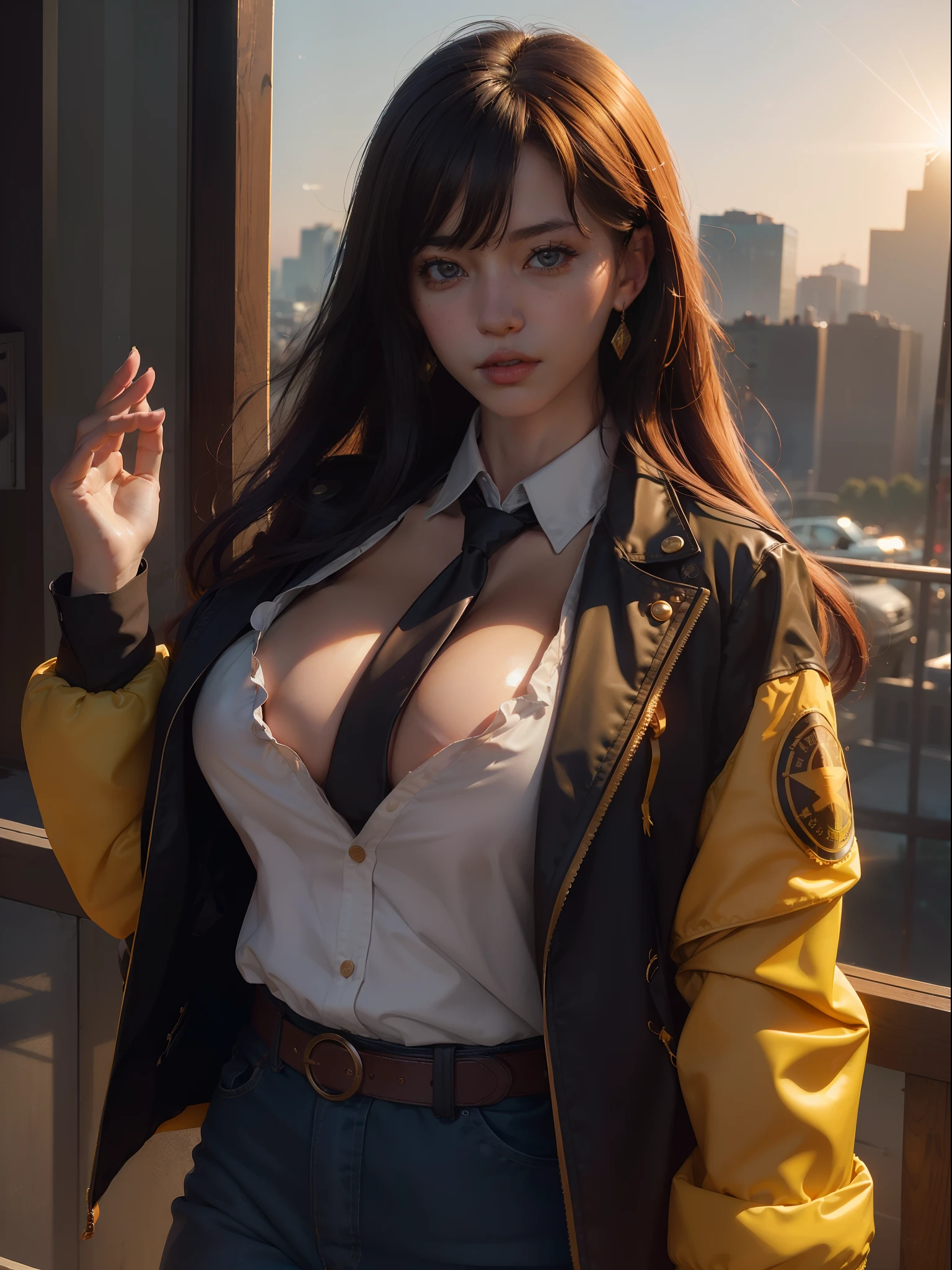 ((nsfw)),((gigantic breasts:1),1girl, intricate detail, masterpiece, best quality, extremly detailed,cinematic lighting, beautiful detailed glow, finely detailed beautiful face and eyes, 8k, dark intense shadows, yellow eyes, medium hair, black hair, bangs, floating hair, black jacket, open jacket, white shirt, expressionless, yellow necktie, black skirt, spotlight, sunshine, sunrise, gradient sky, city, lens flare, cowboy shot, [[curvy]], [mature female]