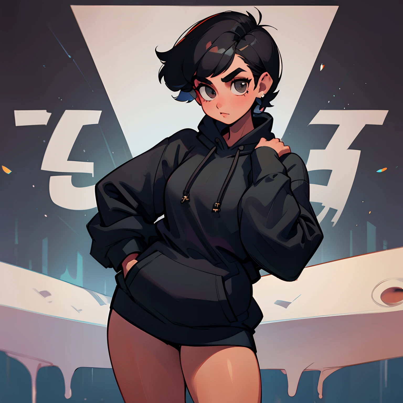 (1woman), (solo), young woman, 20s, (high quality), (high detailed), tomboy, tall height, buffed, muscles, plump, short black hair, nose piercing, black hoodie