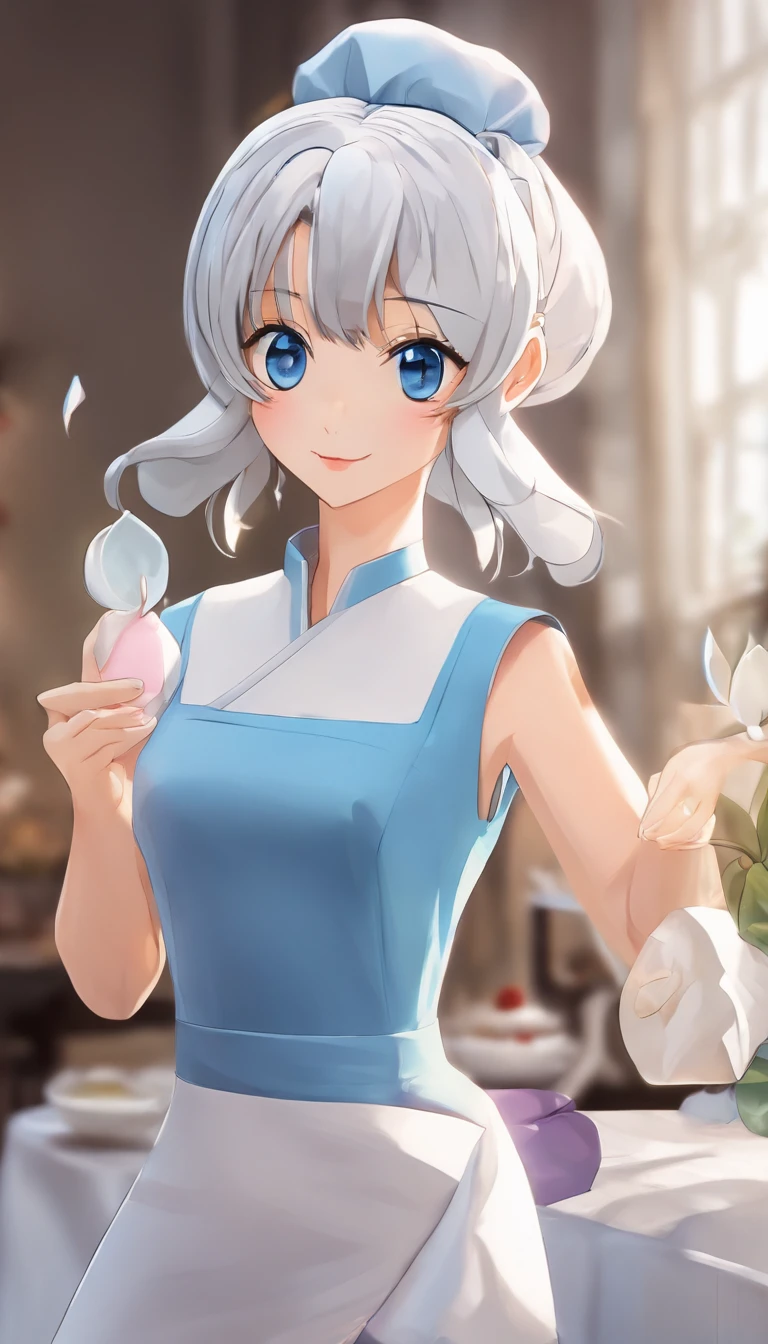 (Best quality, Ultra-detailed, photo-realistic:1.37), Silver-haired woman, Fantastic blue eyes, Happy woman beating eggs with chopsticks, Soft lighting, pink apron, illustration, bangs, Flowing hair, Gentle breeze, Shiny hair, Thick egg whites, Close-up of black stockings, mitts, chef's hat.Blonde hair, Gradient hair, Pink hair, folded ponytail, blue halo, Glowing eyes, Wide eyes, drunk, Anime style, shadowing, back lit lighting, macro photograph, Close-up, first person perspective, head out of frame, hyper HD, High details, Best quality