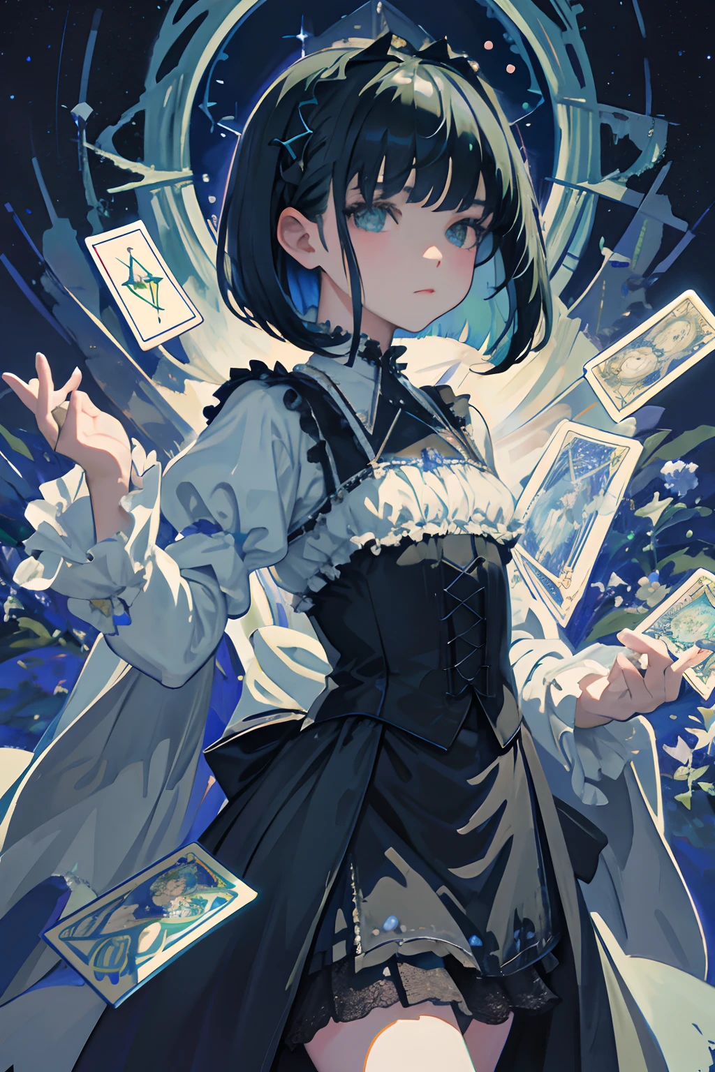 child,(masterpiece,Highest Quality),Blue-green Gothic Lolita,A dark-haired,Medium bob,Aurora,starrysky,dark clouds, Night, (Impressionism:1.4), (tarot:1.3), Alphonse Mucha