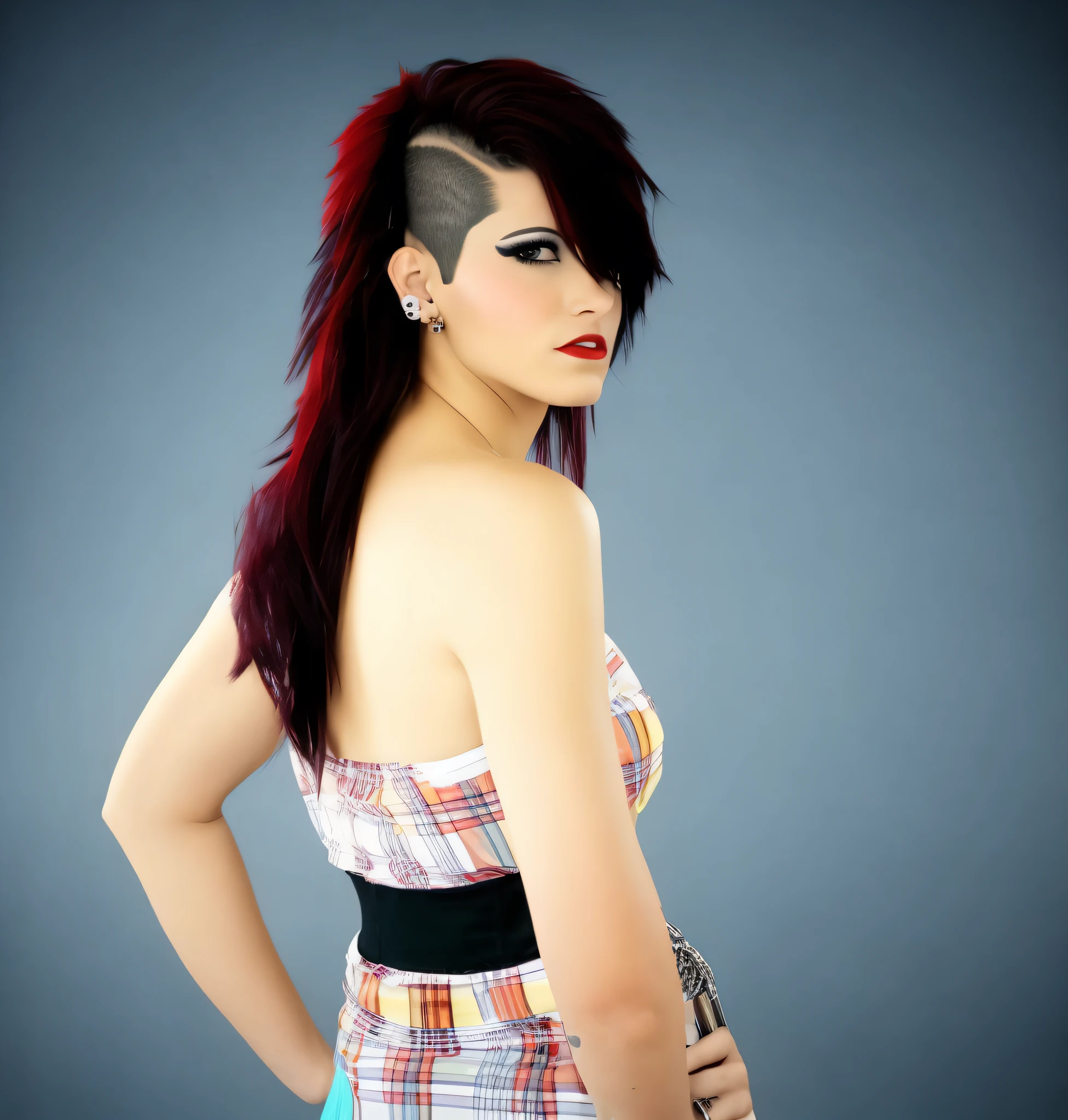 Arafed Mujer con cabello rojo y un vestido a cuadros posando para una foto, peinado rojo mohawk, photo from a promotional session, promo shoot, Hermosa punk femenina, Peinado mohawk, Foto promocional, Foto de perfil, Peinado punk, Peinado recortado, Cyberpunk dyed haircut, Pelo lateral, Disparo a la cabeza, Cabello rockabilly, corte de pelo de un lado, Foto promocional, con un mohawk