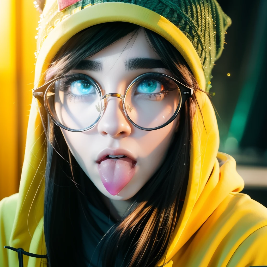 killjoy valorant, focused upper body, one girl wearing perfect glasses and green beanie hat, yellow hoodie, sparkling brown eyes, nice perfect face with soft skin, intricate detail, 8k resolution, masterpiece, 8k resolution photorealistic masterpiece, professional photography, natural lighting, detailed texture,