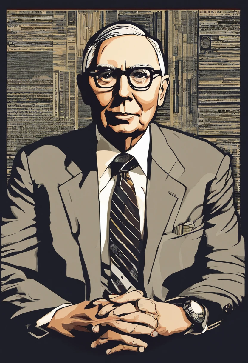 Charlie Munger's speech poster, Charlie Munger sat solemnly, Medium shot, Pop art, Vintage, symetry