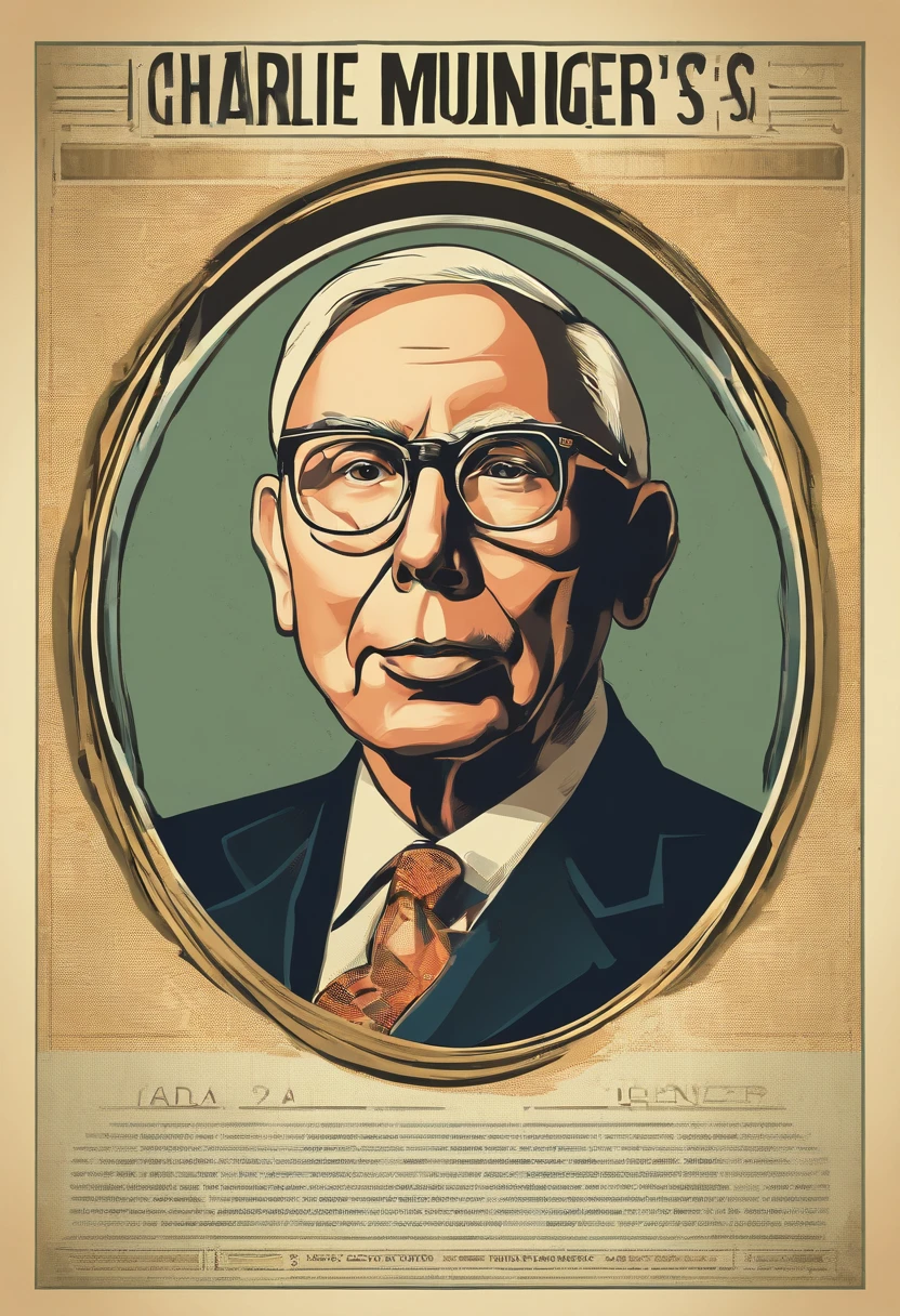 Charlie Munger's speech poster, Charlie Munger sat solemnly, Medium shot, Pop art, Vintage, symetry
