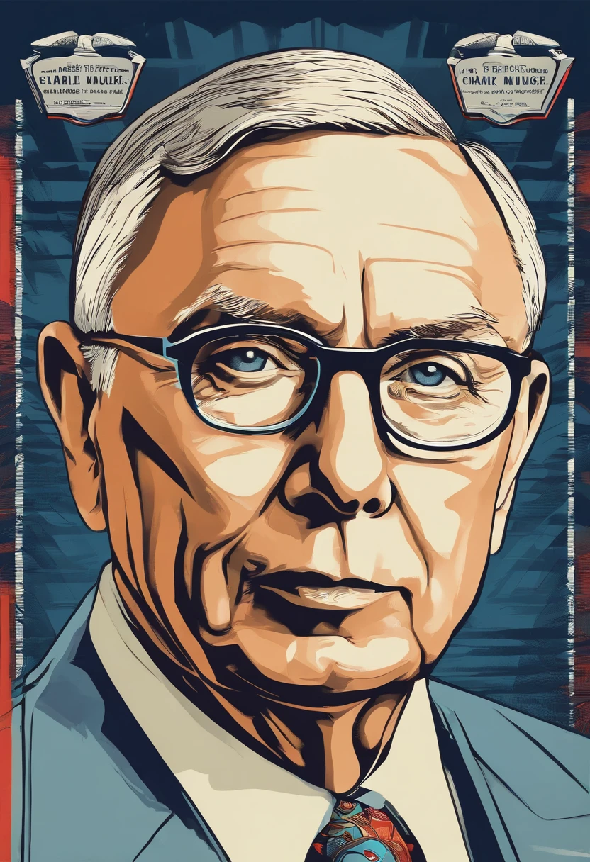 Charlie Munger's speech poster, Charlie Munger sat solemnly, Medium shot, Pop art, Vintage, symetry