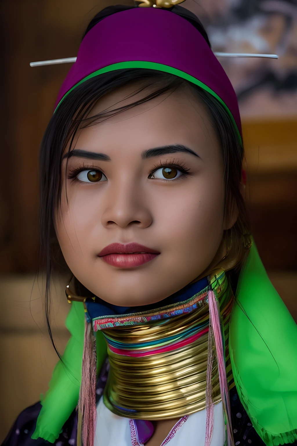 a close up of a woman wearing a neck piece and a headband, traditional beauty, south east asian with round face, asian face, 50mm portrait, asian woman, oriental face, 7 0 mm portrait, an asian woman, close - up portrait shot, 60mm portrait, traditional makeup, mid shot portrait, closeup portrait shot, a young asian woman