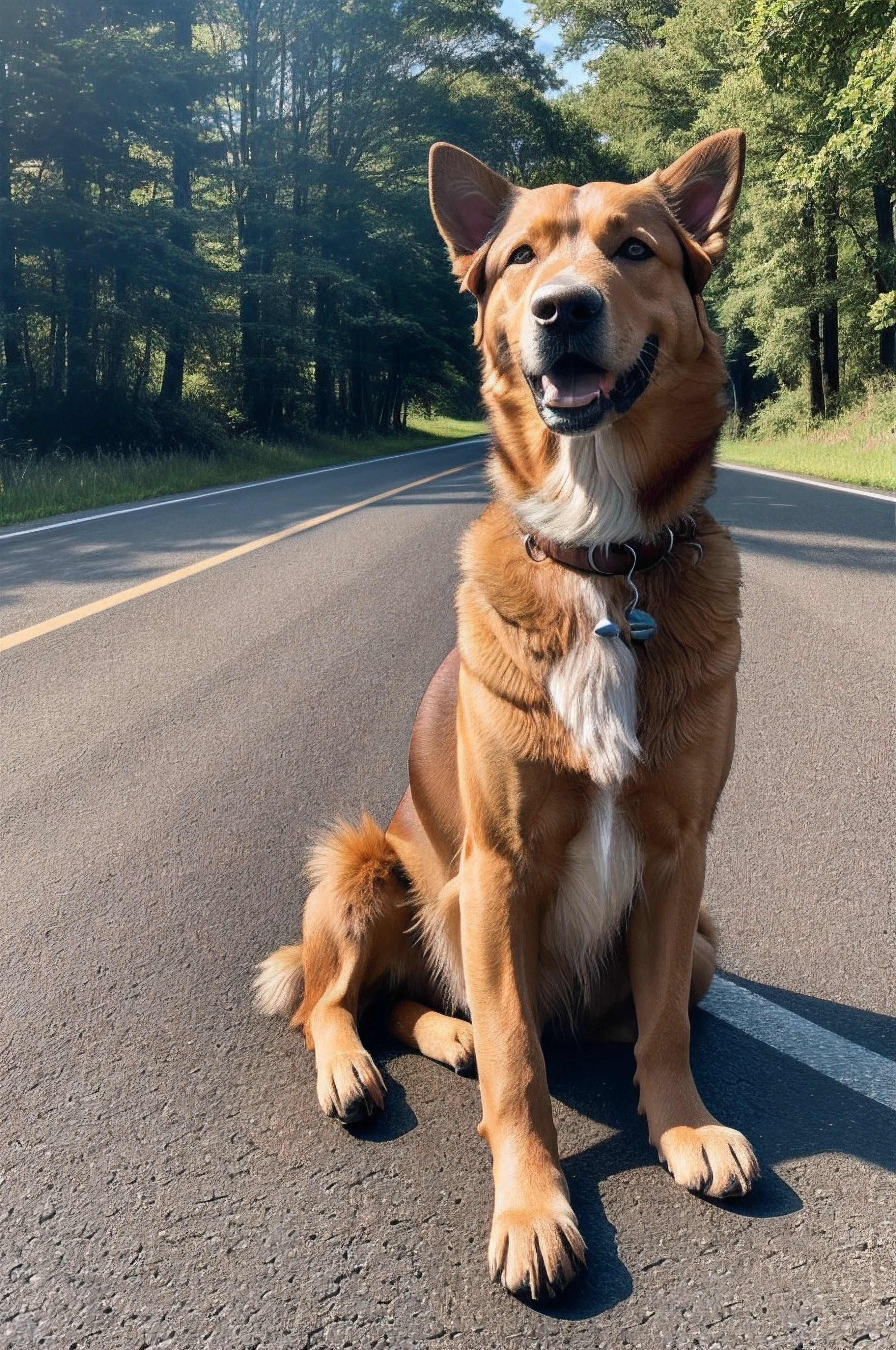 high quality, high detail, RAW photo, dog sitting on the road, summer, sun shining, scattered light, high detail of the surroundings and nature, sharp photo, high fur details, perfect fur,