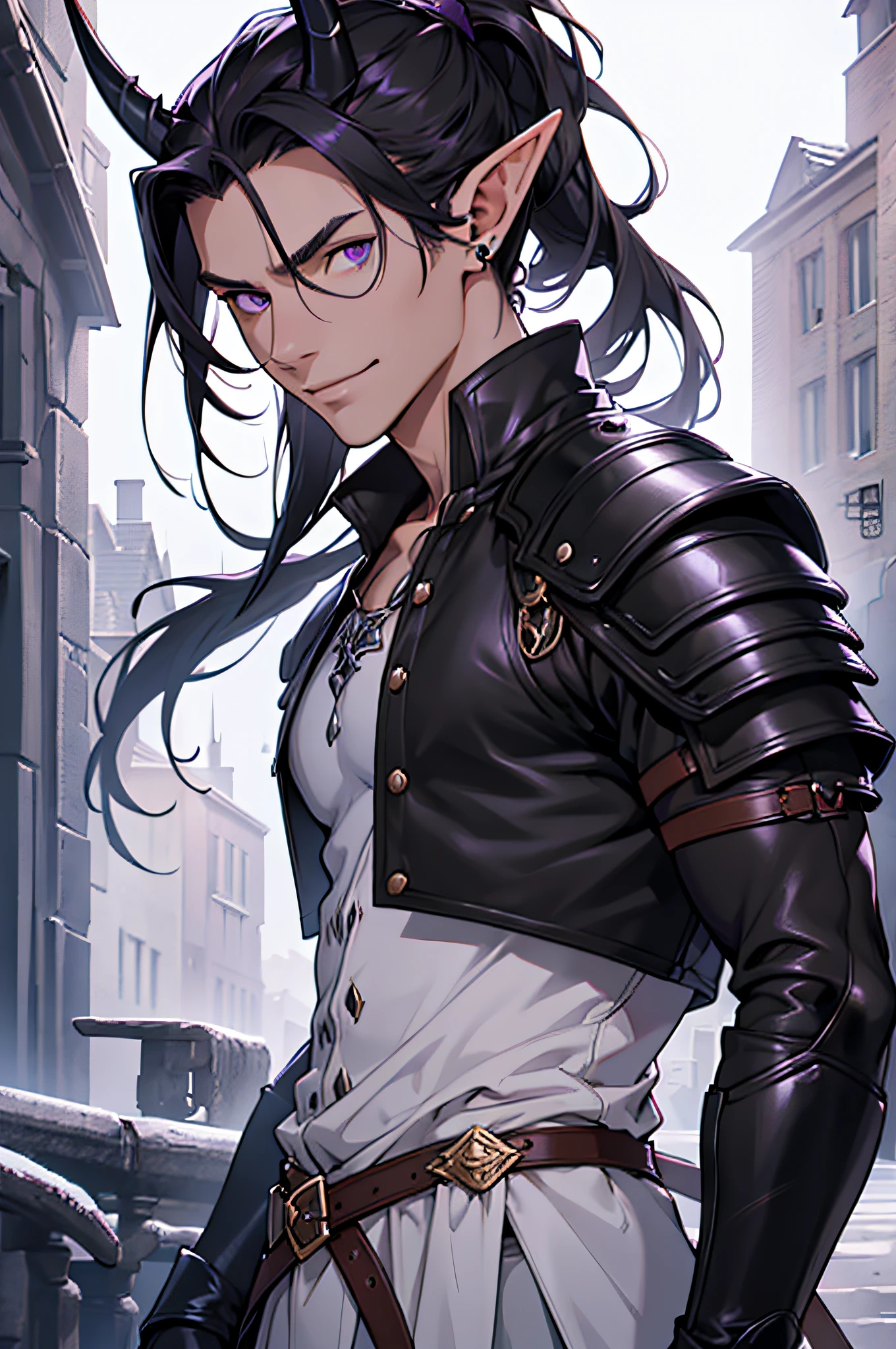(masterpiece), best quality, ultra-high resolution, ((one man)), boy, male, elegant, expresive eyes, perfect face, half body, looking at viewer, dutch angle, cowboy shot, (long black hair), ponytail, (purple eye color), long elf like ears, two long demon horns on the head, leather armor, Clothing for the Middle Ages, assasin, dagger, light smile, detailed background, Extreme Detailgenauigkeit, 4K