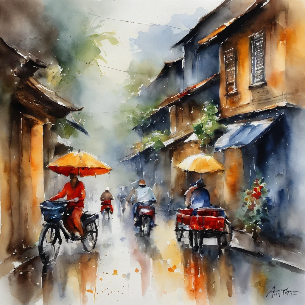 unterwegs in Hanoi, Vietnam, Der Regen kommt, Search for buildings, to protect yourself from the rain