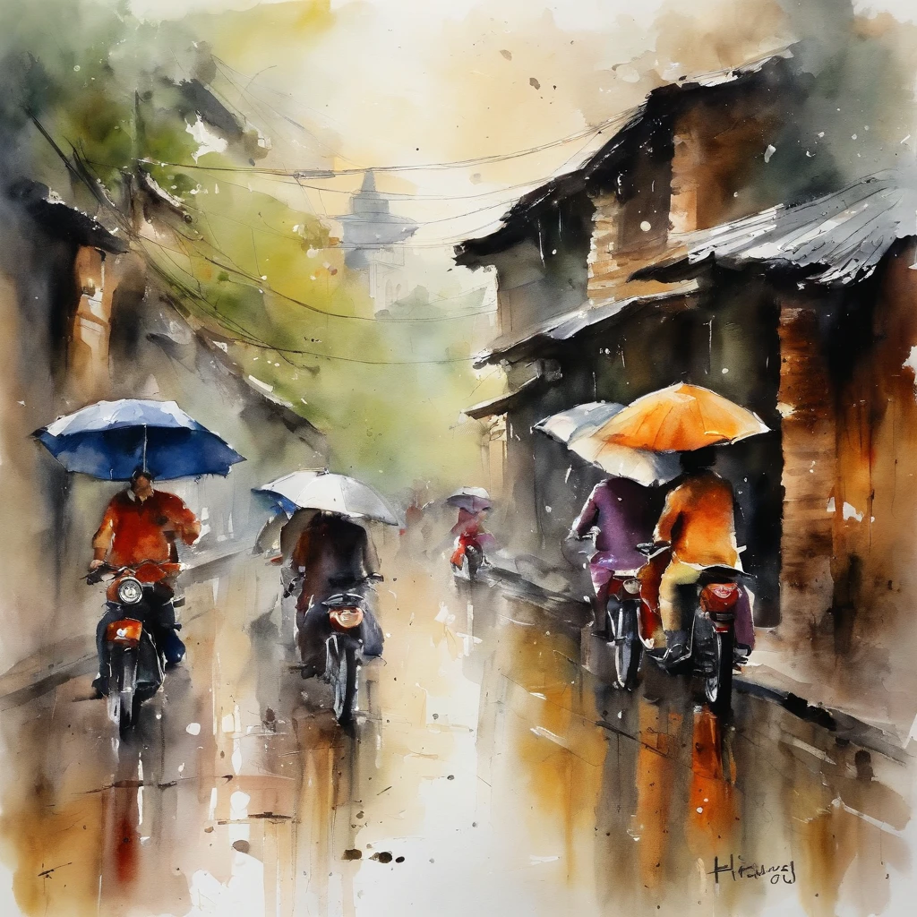 unterwegs in Hanoi, Vietnam, Der Regen kommt, Search for buildings, to protect yourself from the rain