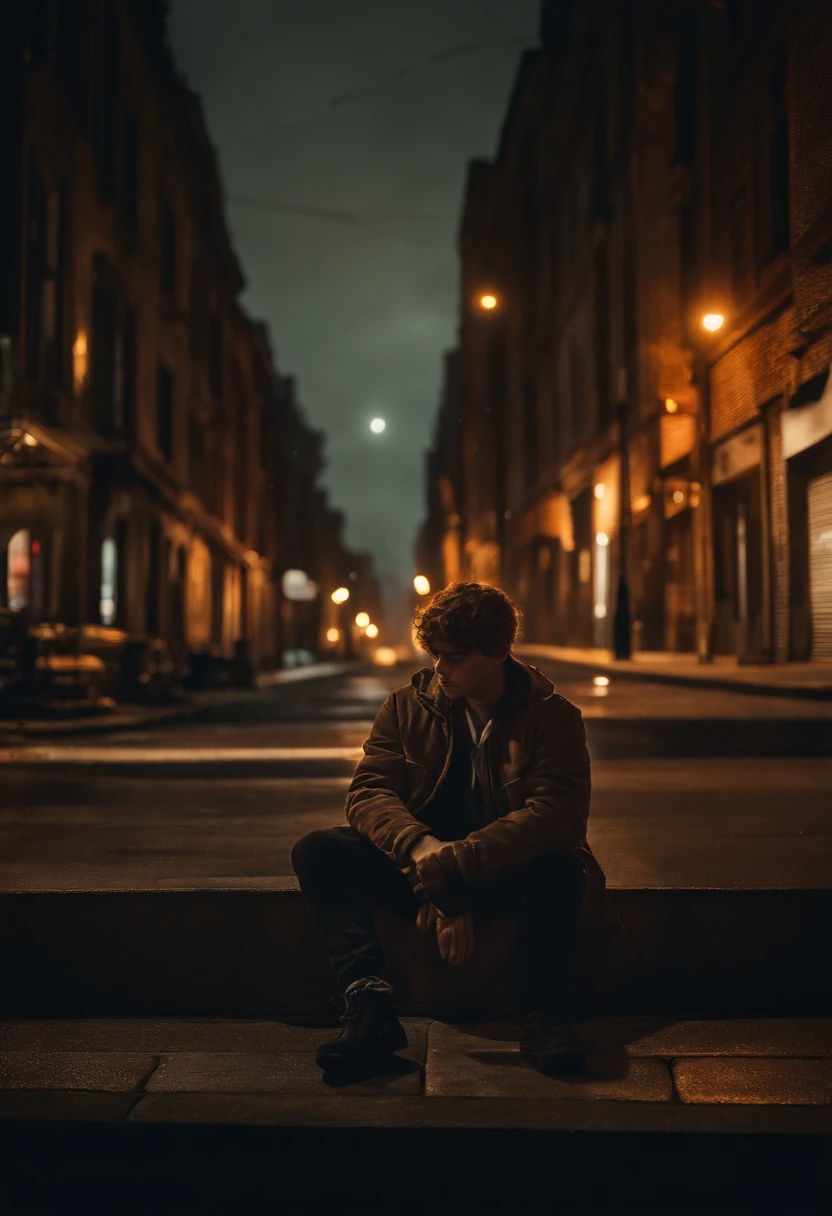 sad city night,highres,boy sitting on the sidewalk with his head between his knees,vivid colors,detailed buildings,moody atmosphere,night lights,expressive emotions,loneliness,urban scenery,gritty textures,masterpiece:1.2