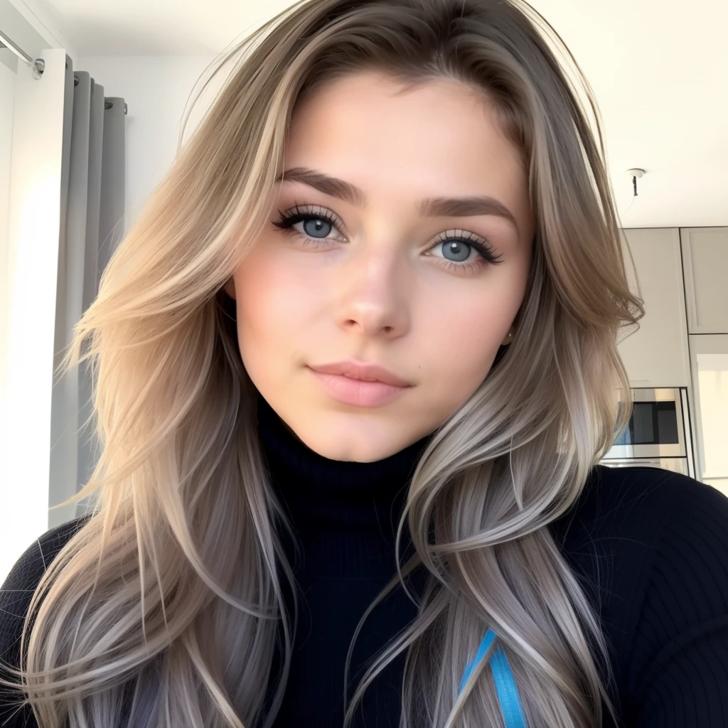 A close up of a woman with long blonde hair and a black turtle neck ...