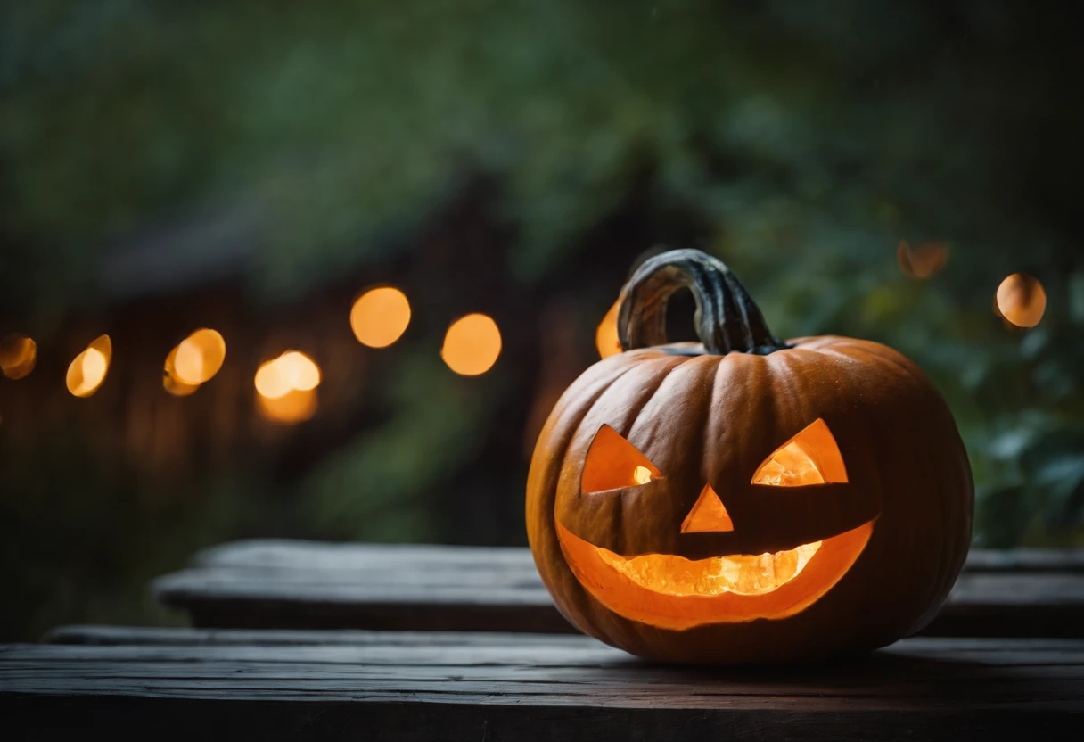 Scary Halloween pumpkin on wooden planks