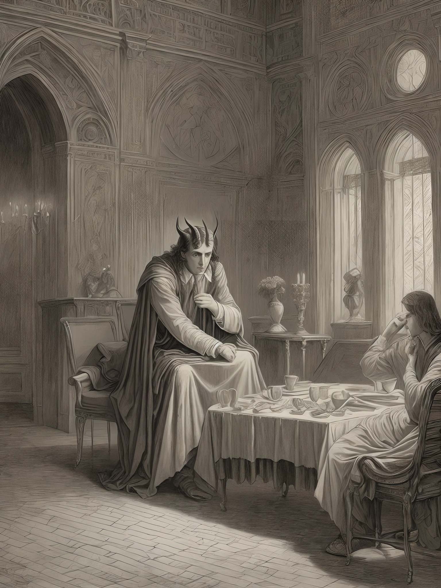 Satan in counselling, style Gustave Doré paint --auto --s2