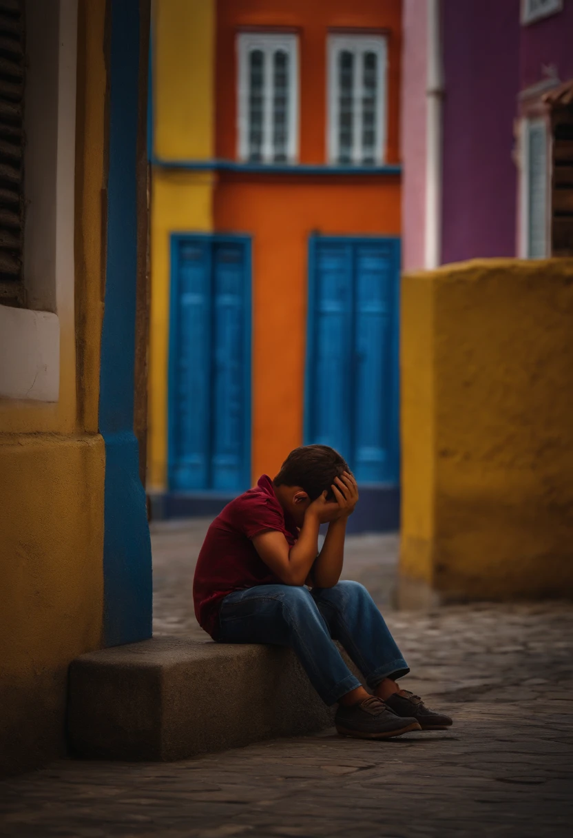 Triste noite da cidade,Altas,Boy sitting on the sidewalk with his head between his knees,vivid colors,Detailed buildings,atmosfera mal-humorada,luzes noturnas,expressive emotions,Sunniness,urban backdrop,texturas arenosas,master part:1.2