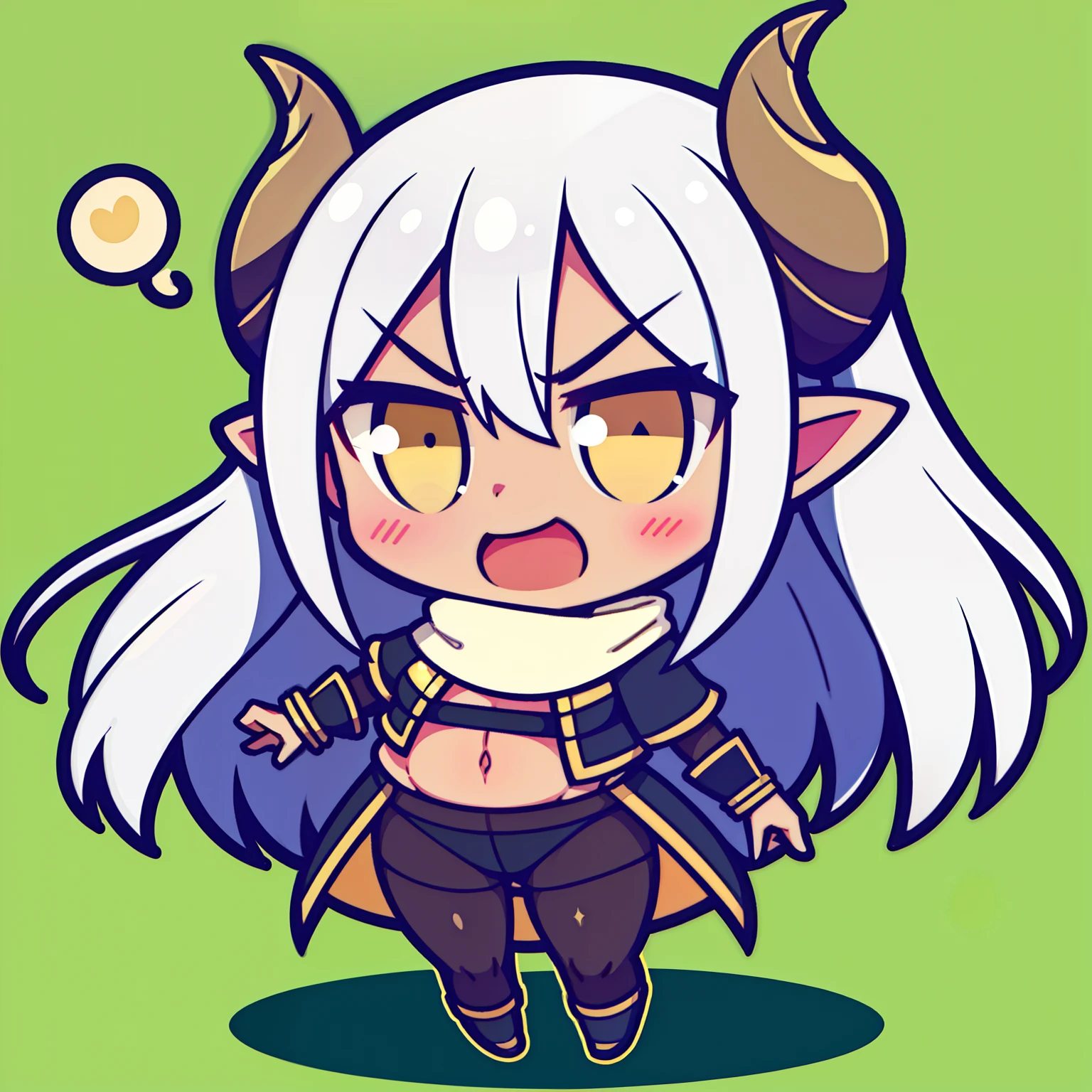 1girl,solo,20s,((dark skin)),show belly,gold armor outfit, black small shirt,long black stockings,white hair,long hair,yellow eyes,elves ears,horns,yellow scarf,black pantyhose,,chibi,full body,green background,shadow below,villain,psycho,villain smile, psychopath, angry,fit female