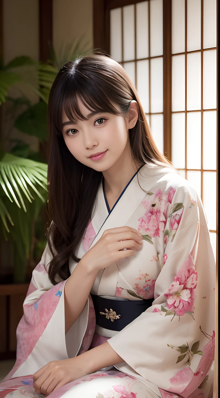 (Photorealsitic:1.4), (Top image quality:1.0), (超A high resolution:1.0), 8K, Raw photography, (masterpiece:0.2), (pureerosface_v1:0.5)、(Best Quality Detail:1.2)、realisitic、8K UHD、hight resolution、(1girl in:1.2)、The ultra-detailliert、High quality textures、intricate detailes、detaileds、Very detailed CG、High quality shadows、Detail Beautiful delicate face、Detail Beautiful delicate eyes、depth of fields、Ray traching,1girl in, japanaese girl, Cute, slender, Kimono with Japanese pattern,Floral scrunchie, Beautiful skin, Facing the front,Sit down, Sit upright and say thank you,Align your hands elegantly,Smile faintly The Land of Japan,Japanese garden,Luxury Japanese-style room, skyporn, Magic Hour, (Realistic:1.3), Finely detailed, quality, (masutepiece:1.2), (Photorealistic:1.2), (Best Quality), (Intricate details), Dramatic, Ray tracing, photograph, +Lola