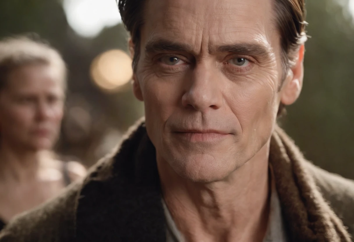 ultra realista, ator jim carrey, cara de mal, ambiente sombrio, falando com deus, muito realista, cena de cinema, face de medo