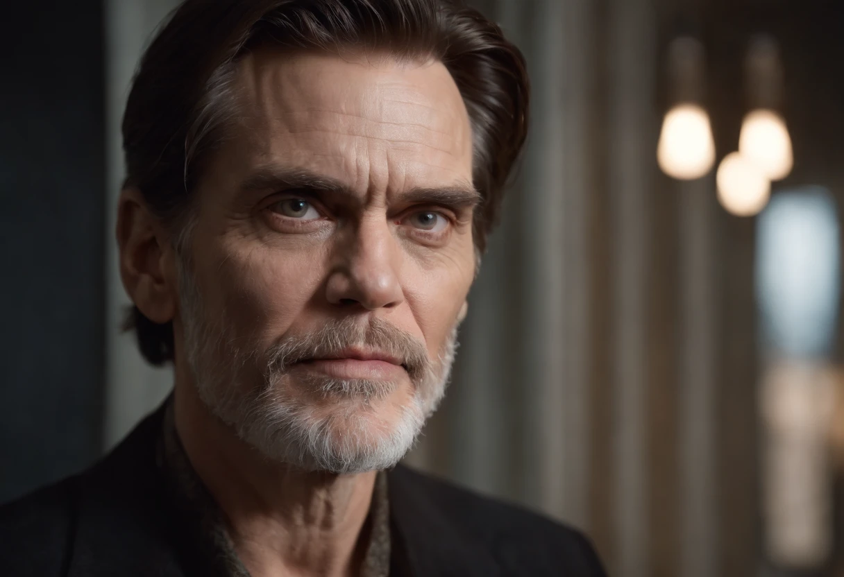 ultra realista, ator jim carrey, cara de mal, ambiente sombrio, falando com deus, muito realista, cena de cinema, face de medo