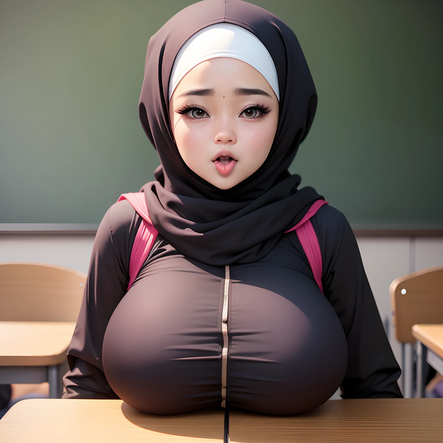 Huge boobs , big boobs , face like mira filzah , mira filzah , wearing hijab , hijab , in the classroom , ahegao , sticking tongue out,