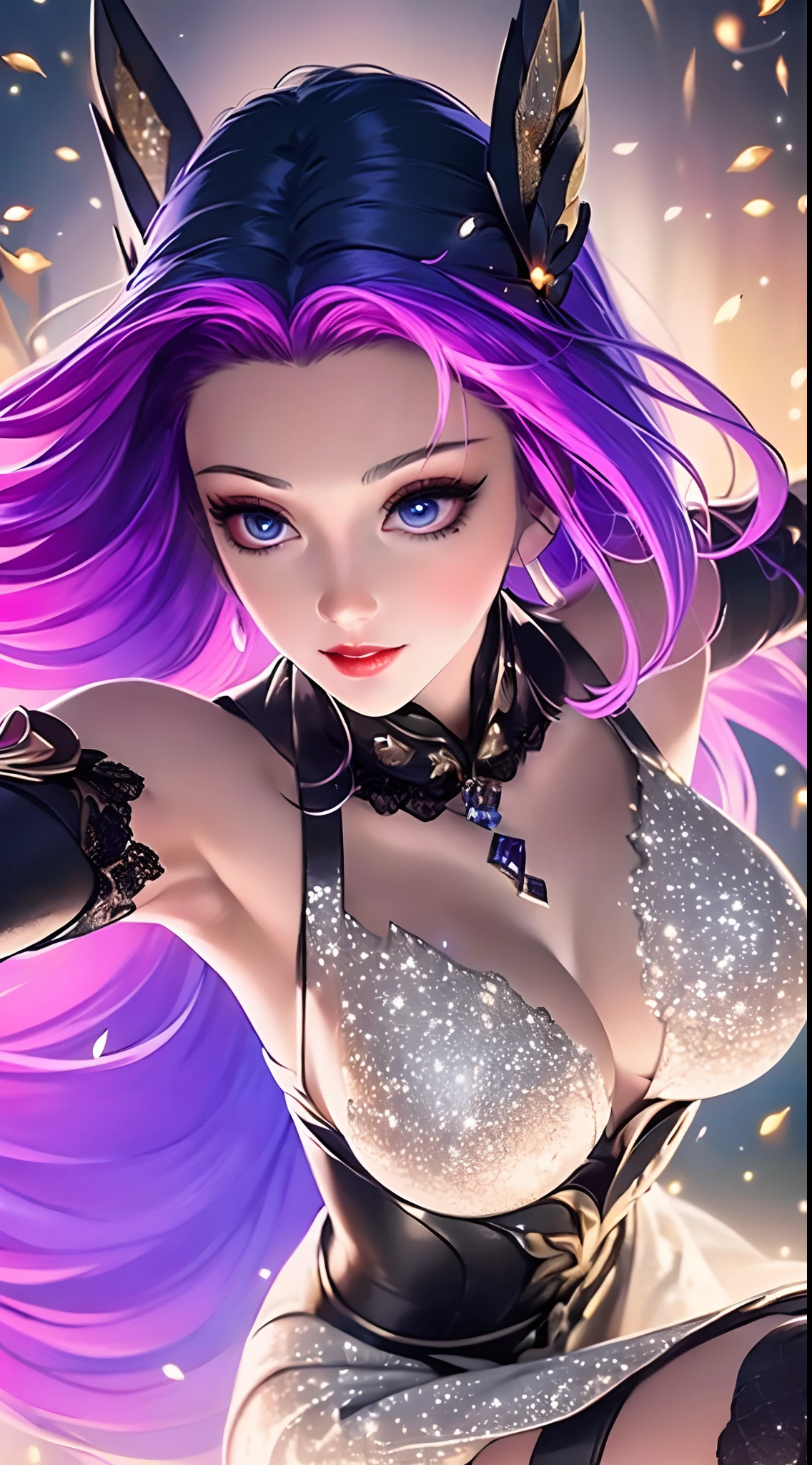 1 beautiful and sexy 20 year old girl, ((wearing a super purlpe dress:1.6)), ((a dress with diamonds:1.7)), ((long purple hair:1.6)), jewelry elaborately made from precious stones and beautiful hair, ((A thin red silk scarf covers half of the face:1.5)), (((wearing a thin light purple silk mask:1.5))), the noble, noble style of an extremely beautiful girl, her small face is super cute, her face is very pretty, thin eyebrows, flawless beautiful face, ((black eye pupils: 0.8)), very beautiful eyes, ((purple eyes: 1.6)), (((big round eyes:1.6))), nice makeup and hair detailed eyelashes, steamy eye makeup, high nose, earrings, red lips, ((smile without teeth: 1.6)), beautiful lips, slim hands, most beautiful thighs, ((arms spread out to the sides: 1.5)), rosy face, flawless beautiful face, smooth white skin, (big breasts: 1.5)), ((high breasts: 1.6)), tight breasts, beautiful cleavage, (((big breasts and super round: 1.8))), ((super tight breasts: 1.7)) , beautiful breasts, perfect body, back arms, chest out, ((thin black mesh stockings with black lace trim:1.5)), ((sitting position with chest up and arms behind: 1.6)), ((open your legs:1.2)), don't be shy, 8k photo, super high quality, super realistic, super 10x pixels, optical, bright studio, bright edges, dual-tone lighting, (high-detail skin:1.2), super 8k, soft lighting, high quality, volumetric lighting, photorealistic, photorealistic high resolution, lighting, best photo, 4k, 8k quality, blur effect, smooth sharp, 10 x pixel, ((Beach at night and fireflies background:1.5)), aurora, lightning, super graphics realistic, most realistic graphics, 1 girl, alone, solo, Extremely sharp image, surreal, (((frontal portrait: 1.5)))."