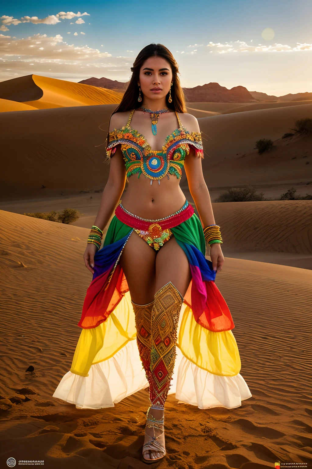 create Mariana Davalos in Full body photography of the most beautiful artwork in the world, a beautiful woman in intricate costume burning in the desert, rainbow colors, ArtStation, CGSociety, complex, high detail, clear focus, dramatic, realistic pictorial art trends Greg Rutkovsky