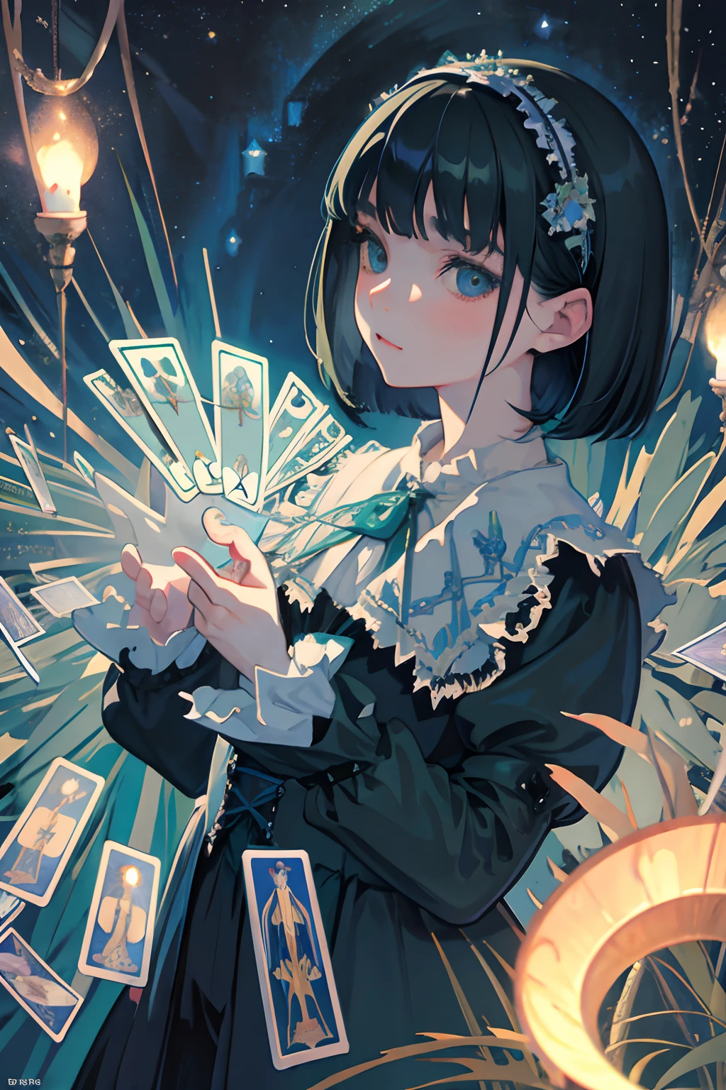 child，（​masterpiece，Highest Quality），Blue-green Gothic Lolita，A dark-haired，Medium bob，Aurora，starrysky，dark clouds, Night, (Impressionism:1.4), (tarot:1.3), Alphonse Mucha