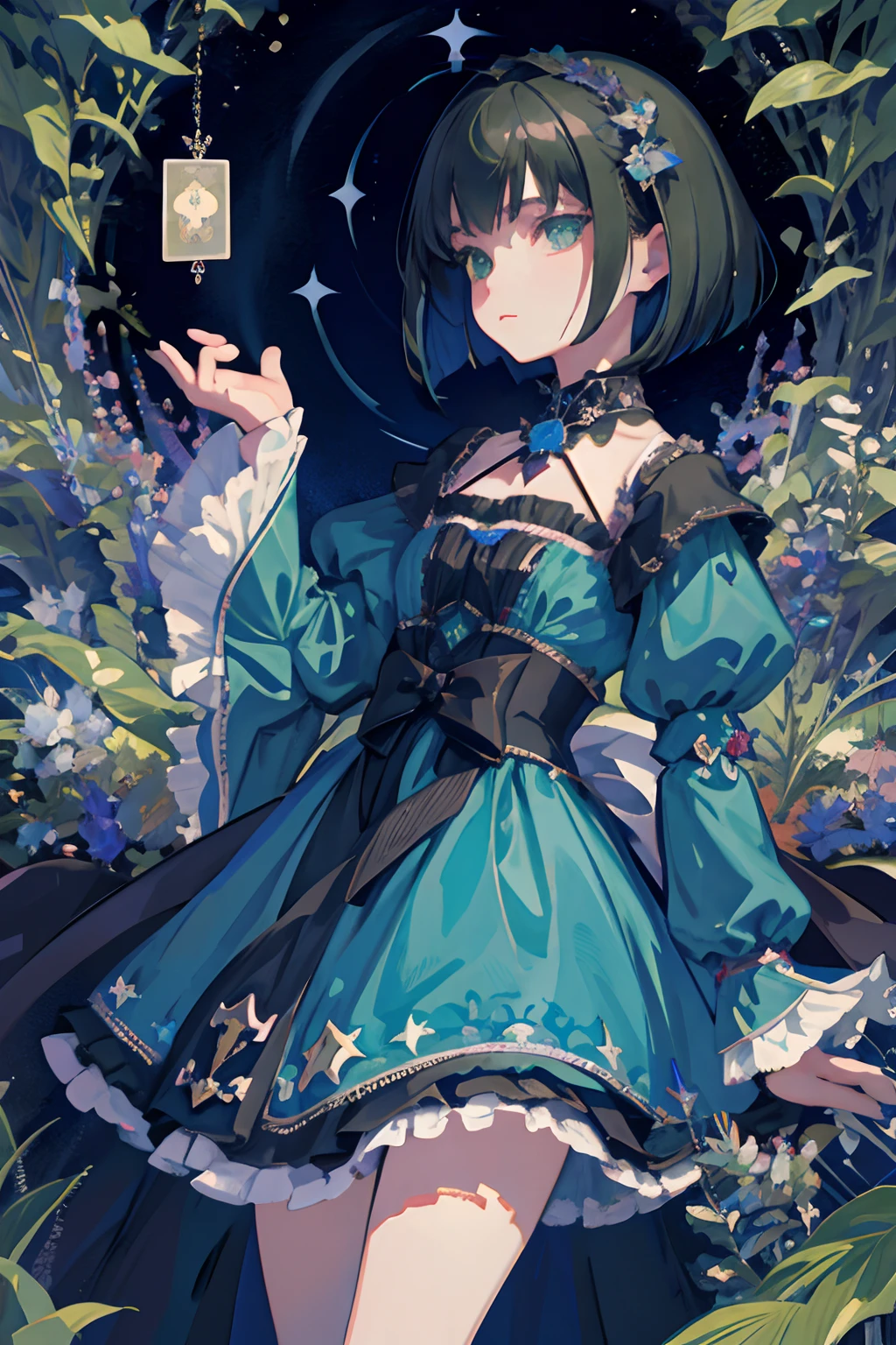 child，（​masterpiece，Highest Quality），Blue-green Gothic Lolita，A dark-haired，Medium bob，Aurora，starrysky，dark clouds, Night, (Impressionism:1.4), (tarot:1.3), Alphonse Mucha